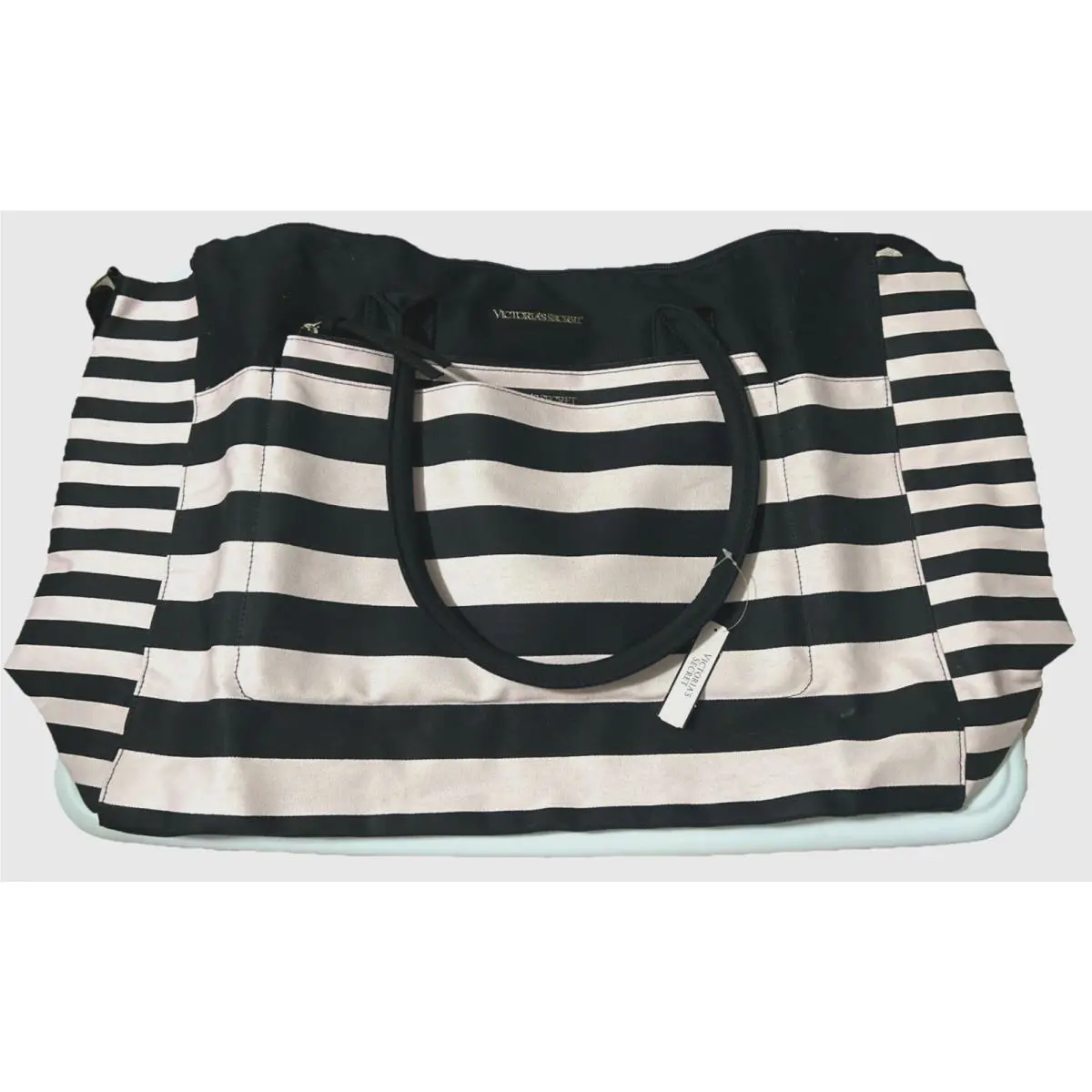 Victorias Secret Black Stripe Weekend Bag Getaway Travel Carry On Large Tote Set