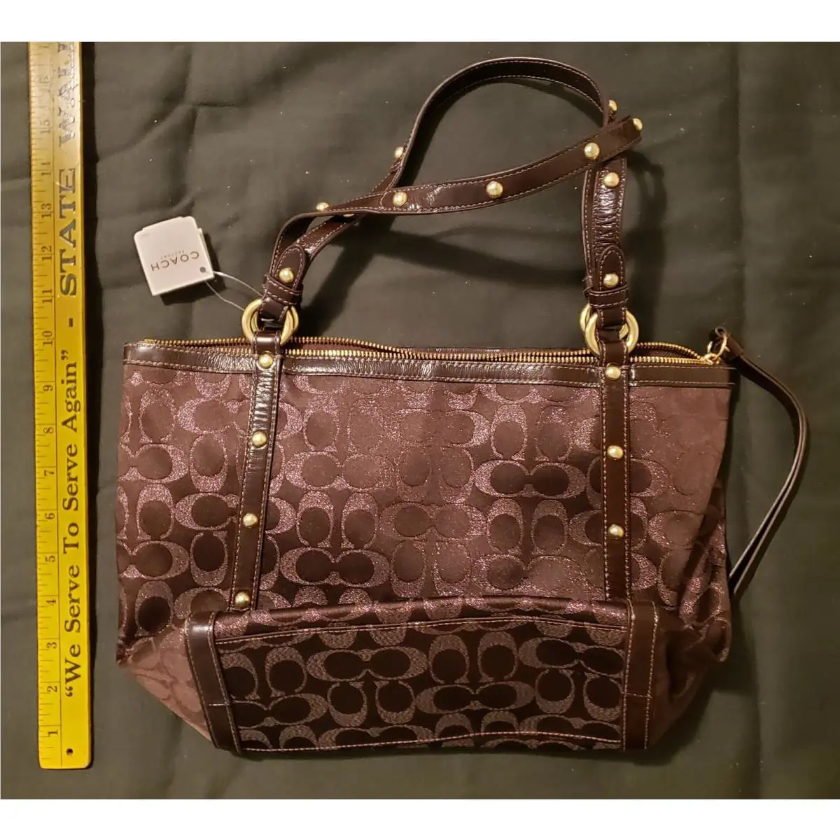 Coach Women`s Handbag Signature Studded Tote Dark Brown Retail
