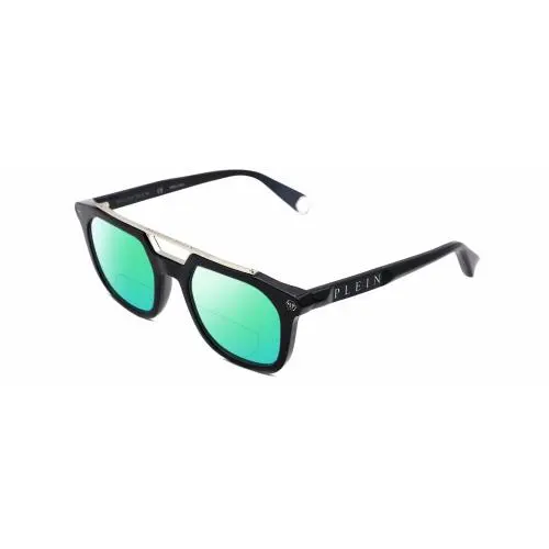 SPP001M Unisex Square Polarized Bifocal Sunglass Black Silver 51mm Green Mirror by Philipp Plein