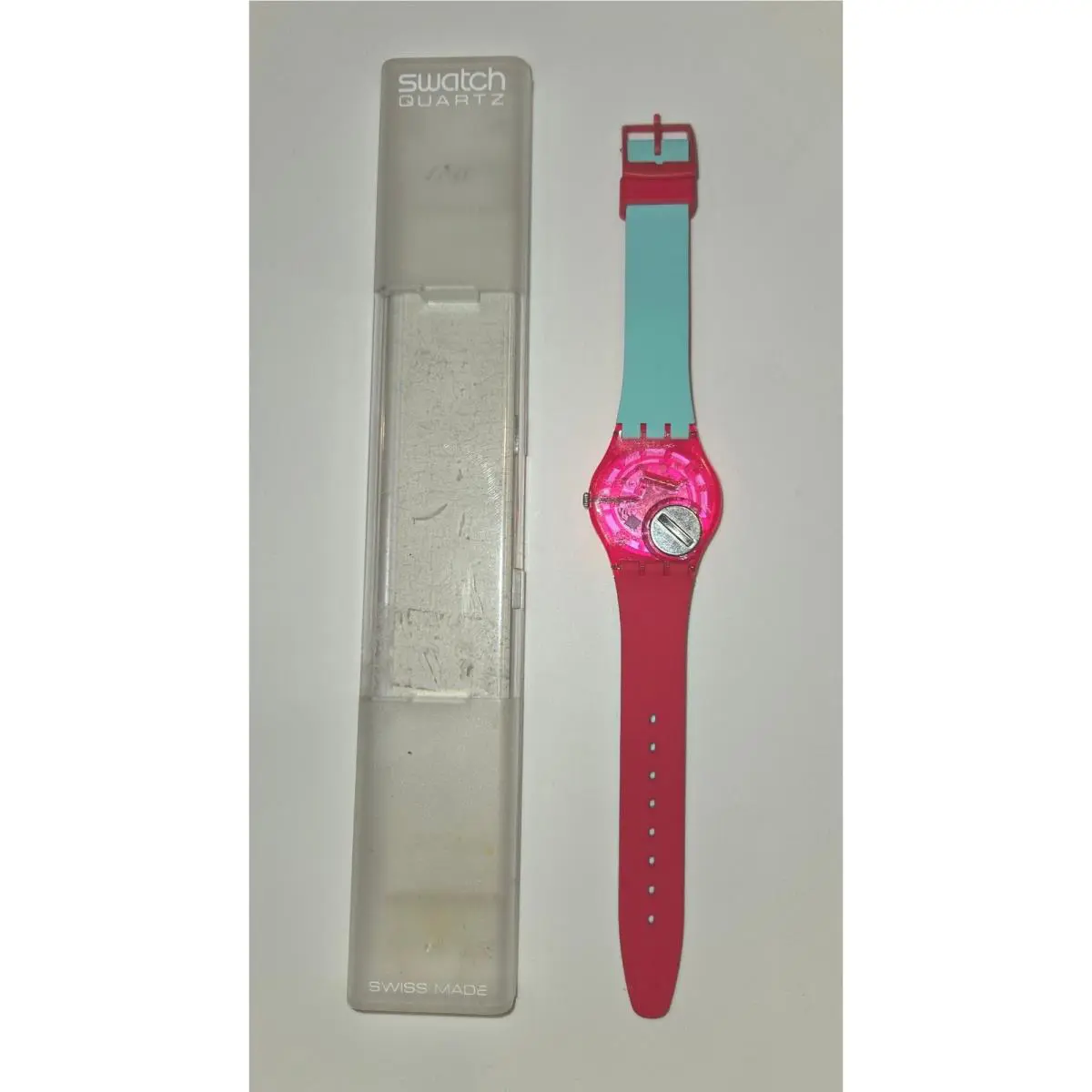 Vtg Swatch Pop Quartz Watch – Swiss Made Pink Aqua w/ Case Docs