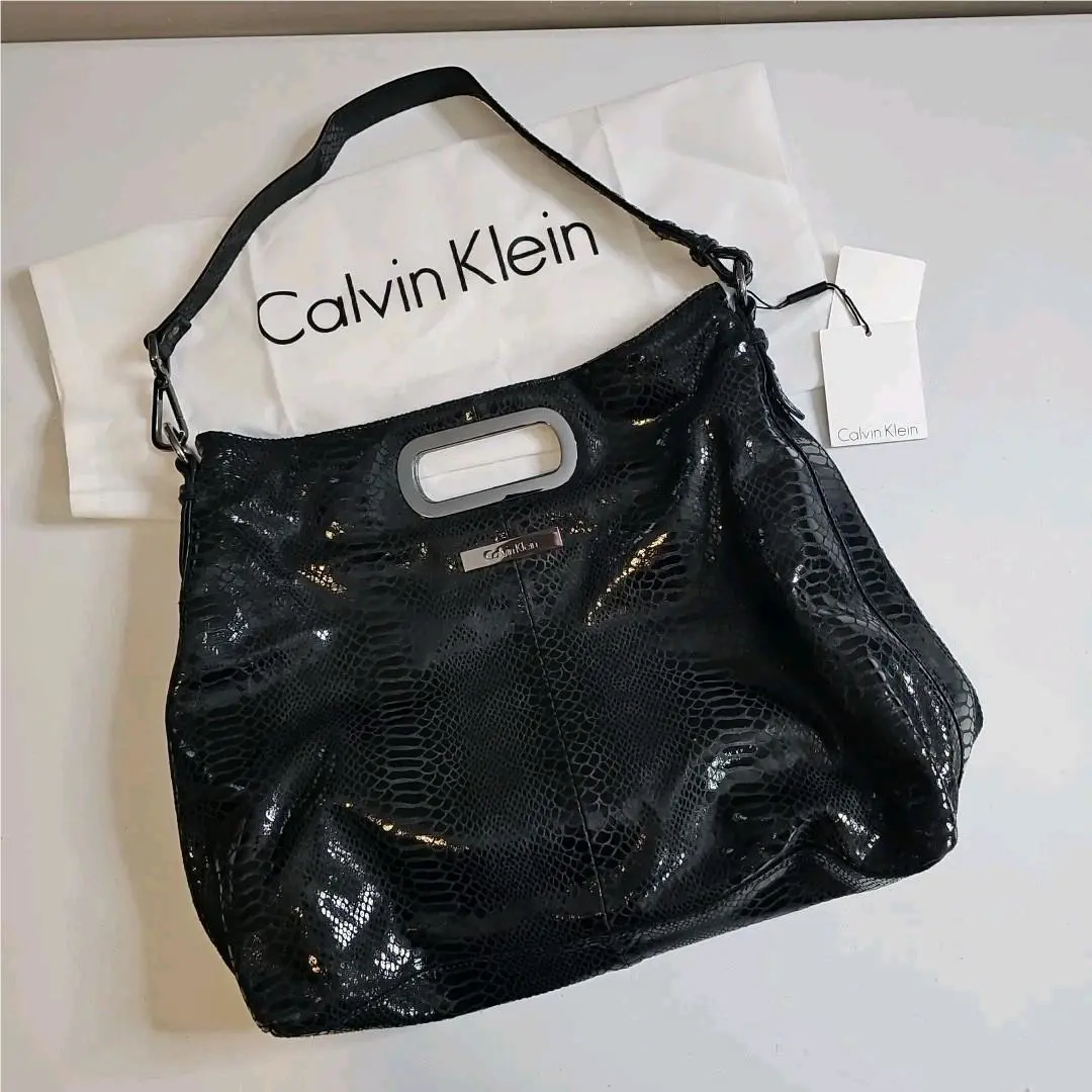 Calvin Klein Purse Handbag Black Metallic Snake Skin Print RV