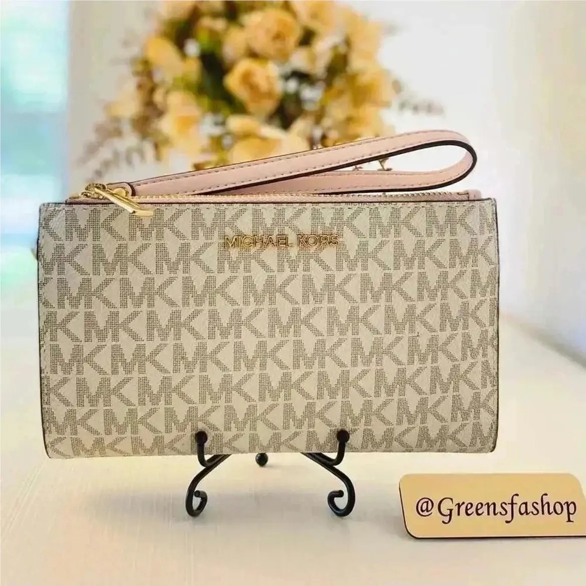 Wallet Jet Set Large Ombré Signature Logo Double Zip Wristlet Vanilla Pink by Michael Kors