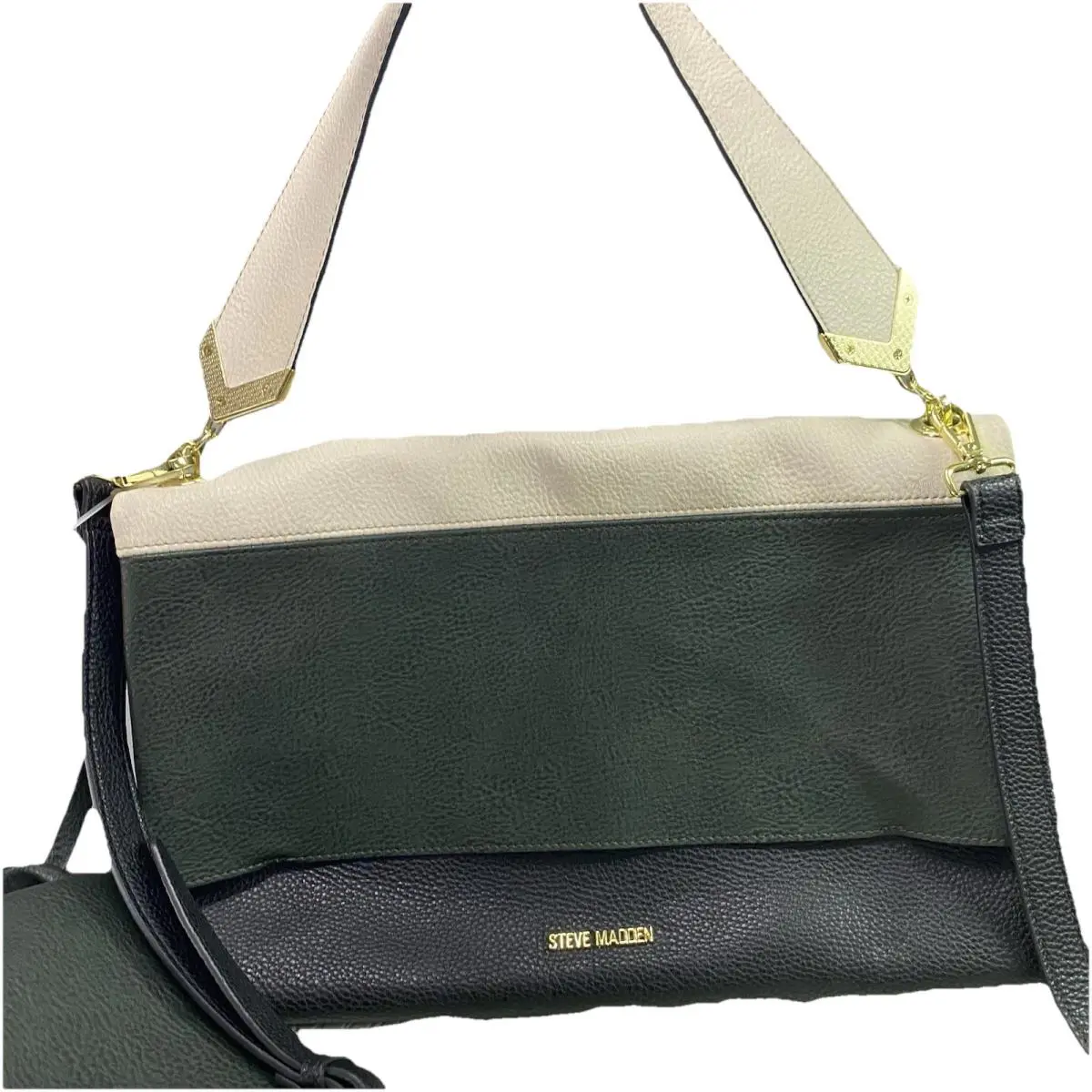 Steve Madden Tote Shoulder Bag Womens Black/dark Green/tan Logo Fold Over