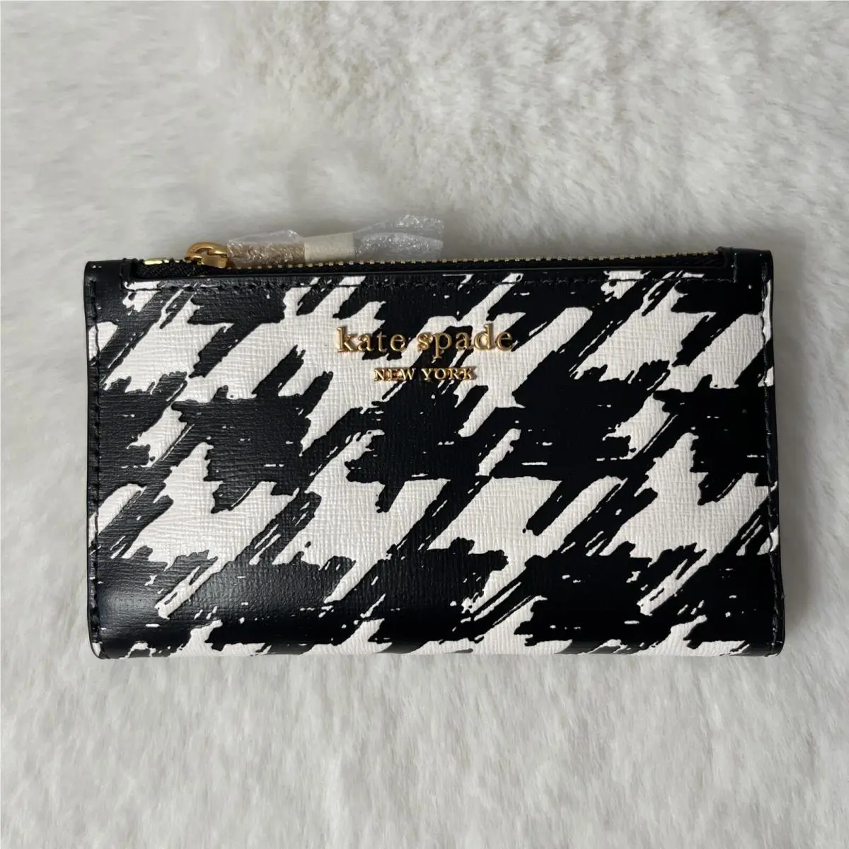 New Kate Spade Morgan Houndstooth Small Slim Bifold Wallet Black Multi