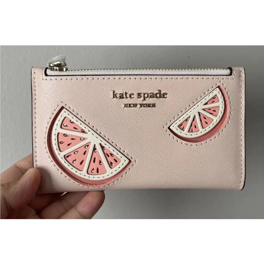 Kate Spade Tini Grapefruit Embellished Small Slim Bifold Wallet Pale Dogwood