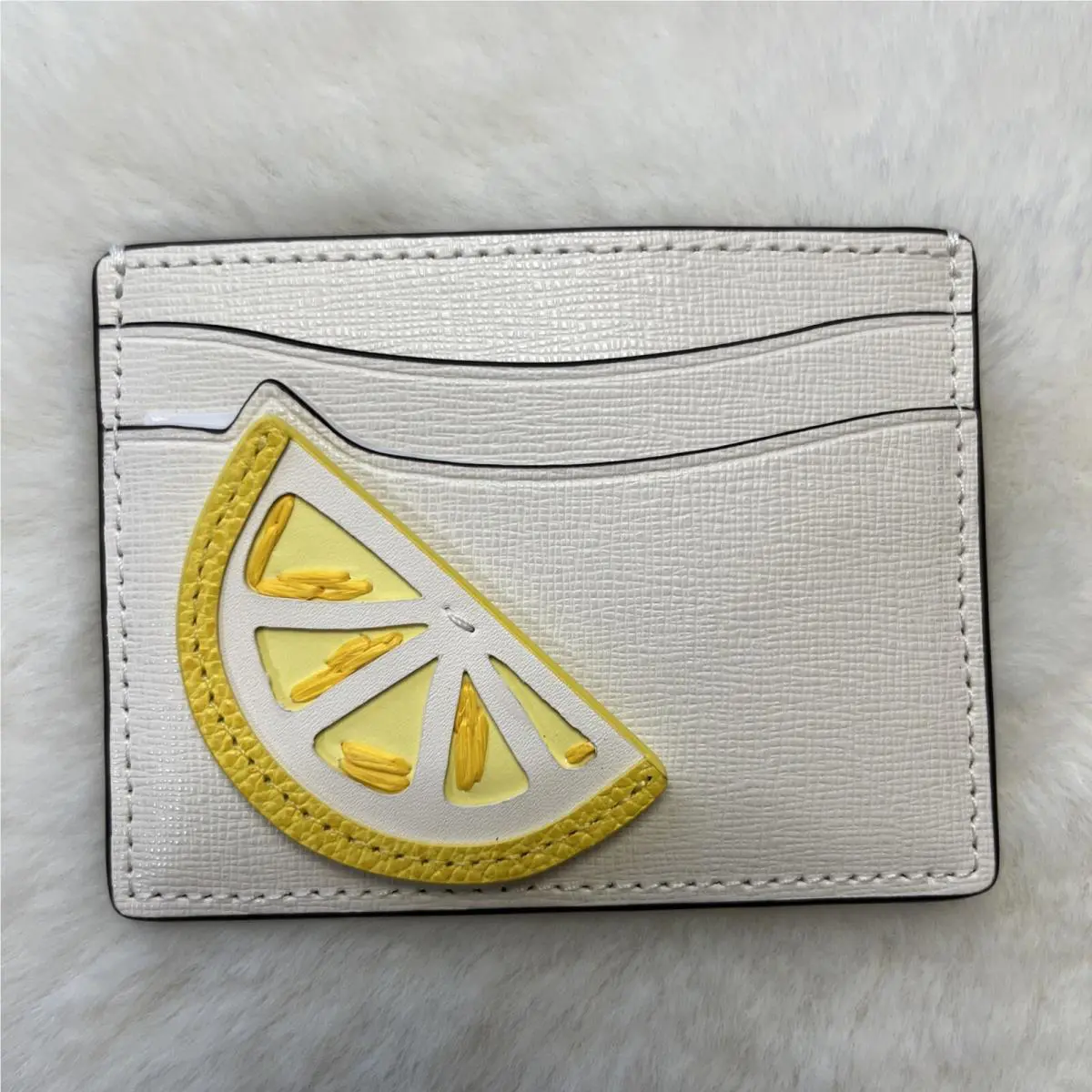 New Kate Spade Lemon Appliqué Saffiano Leather Card Holder Halo White Lemon
