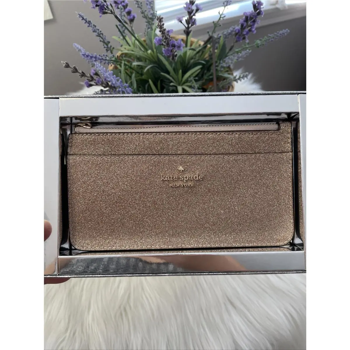 New Kate Spade Tinsel Glitter Fabric Boxed Large Slim Cardholder Rose Gold Gift