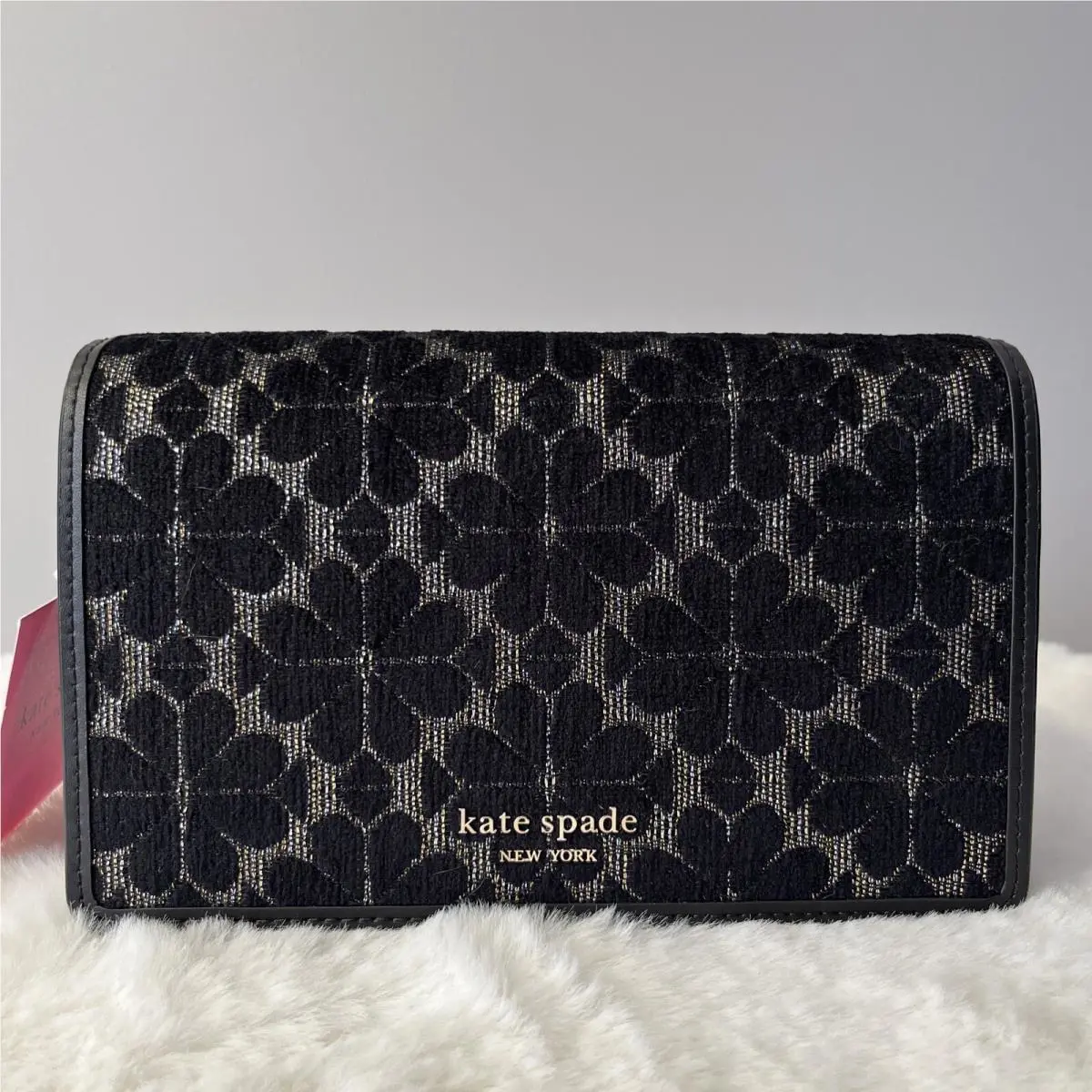 Kate Spade Spade Flower Jacquard Chain Clutch Wallet Crossbody Black Shimmer