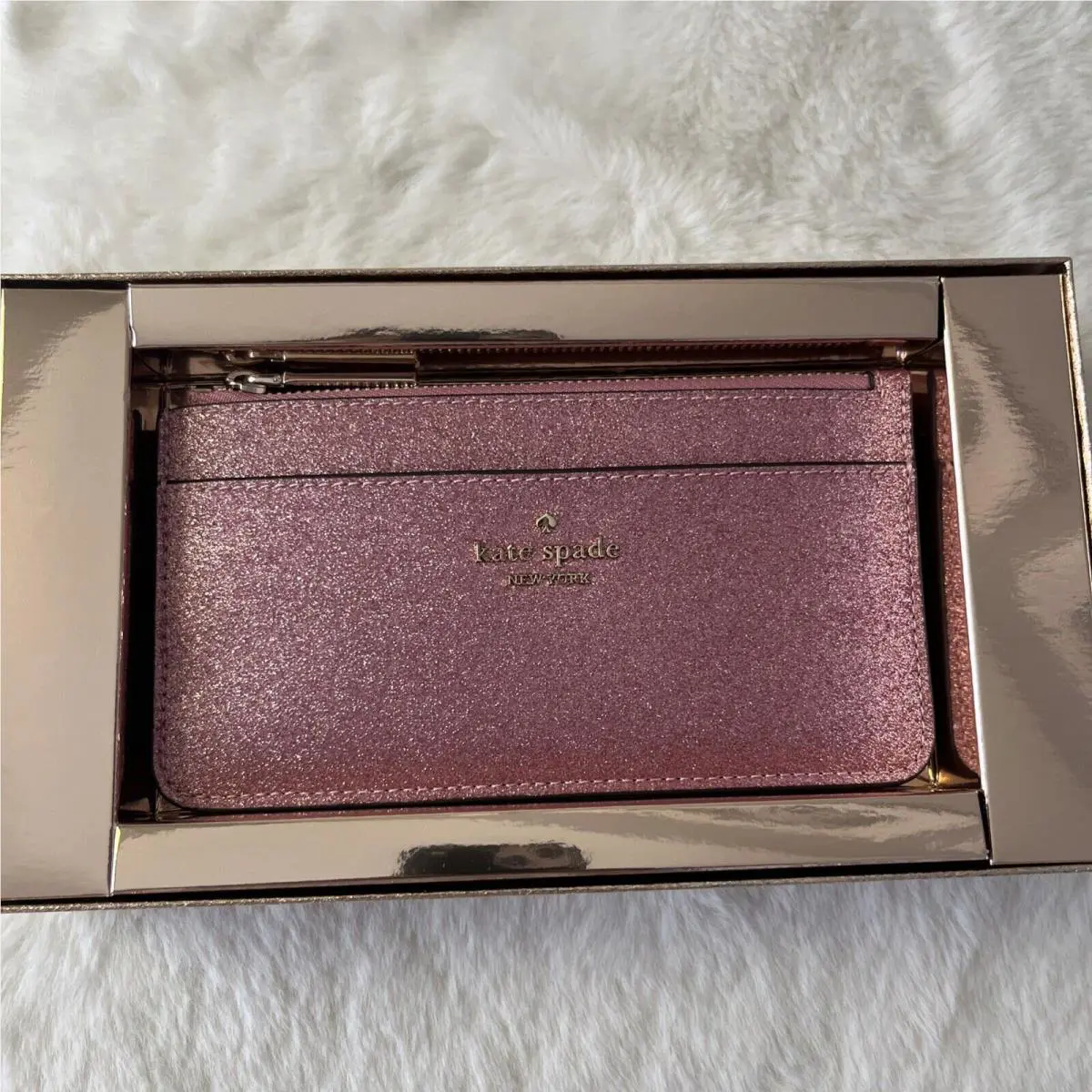 Kate Spade Glimmer Glitter Fabric Boxed Large Slim Cardholder Mitten Pink