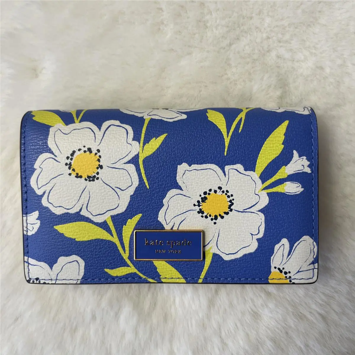 Kate Spade Katy Sunshine Floral Printed Textured Leather Small Bifold Snap Wallet Blue