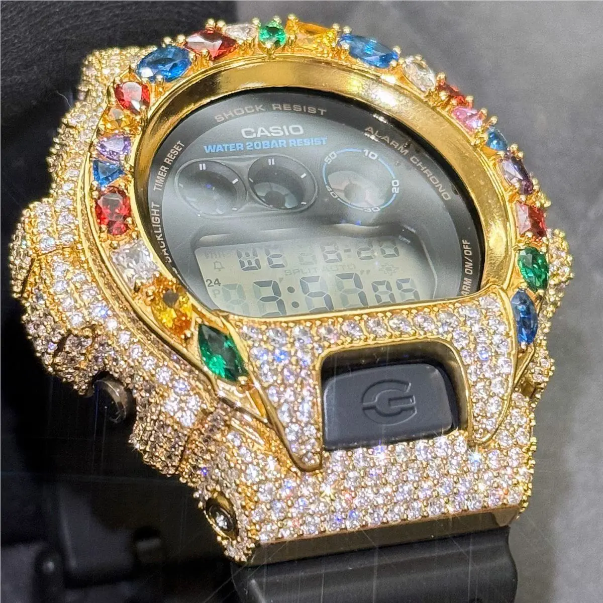 Gold  G-shock DW6900 Custom Multi Color Gemstone Iced Out Watch by Casio