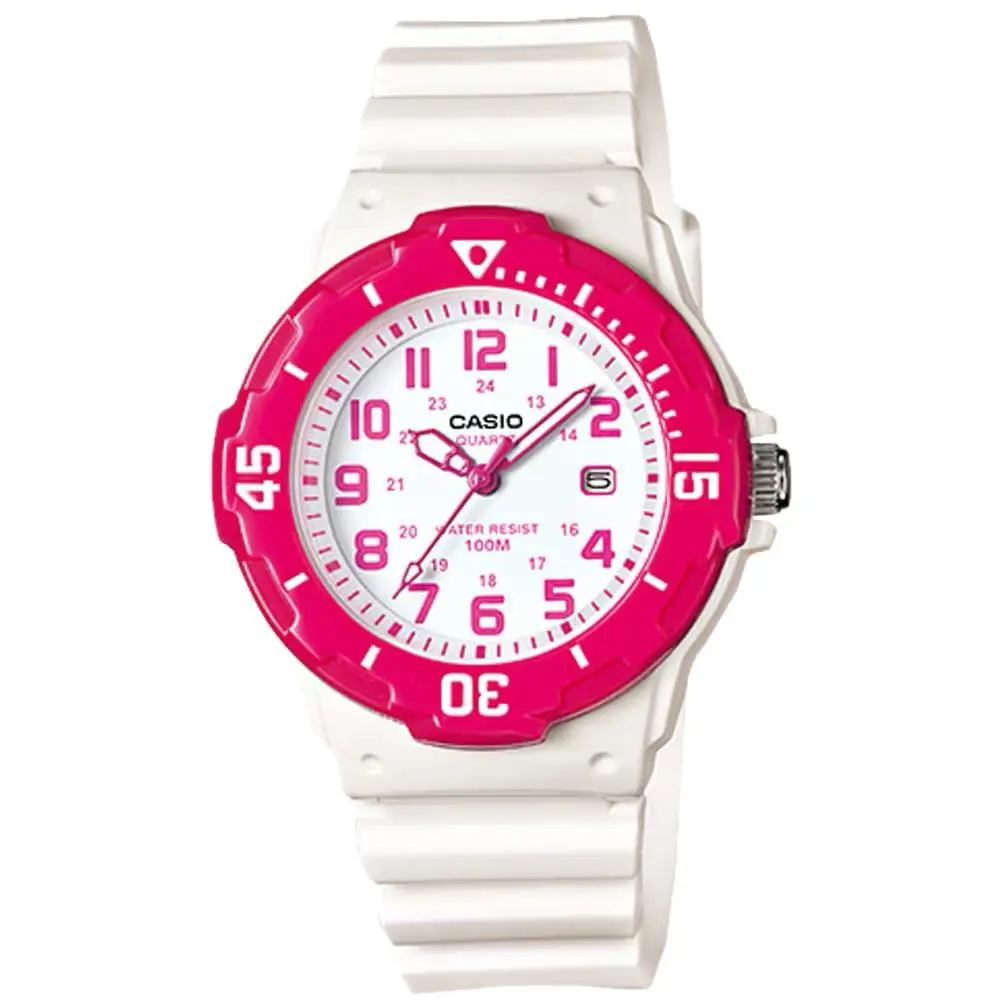 Casio Women`s Water-resistant Analog Watch with Coral Dial - LRW-200H-4BV - White