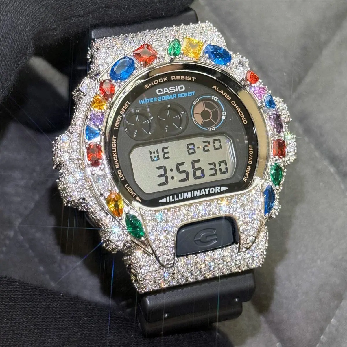 G-shock DW6900 Custom Multi Color Gemstone Iced Out Watch Silver by Casio