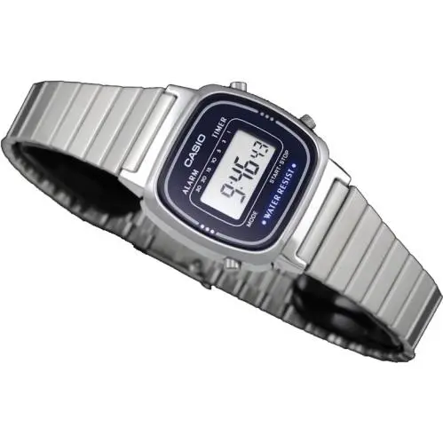 Casio Ladies Blue Digital Classic Vintage Silver Steel Band Watch LA670WA-2D
