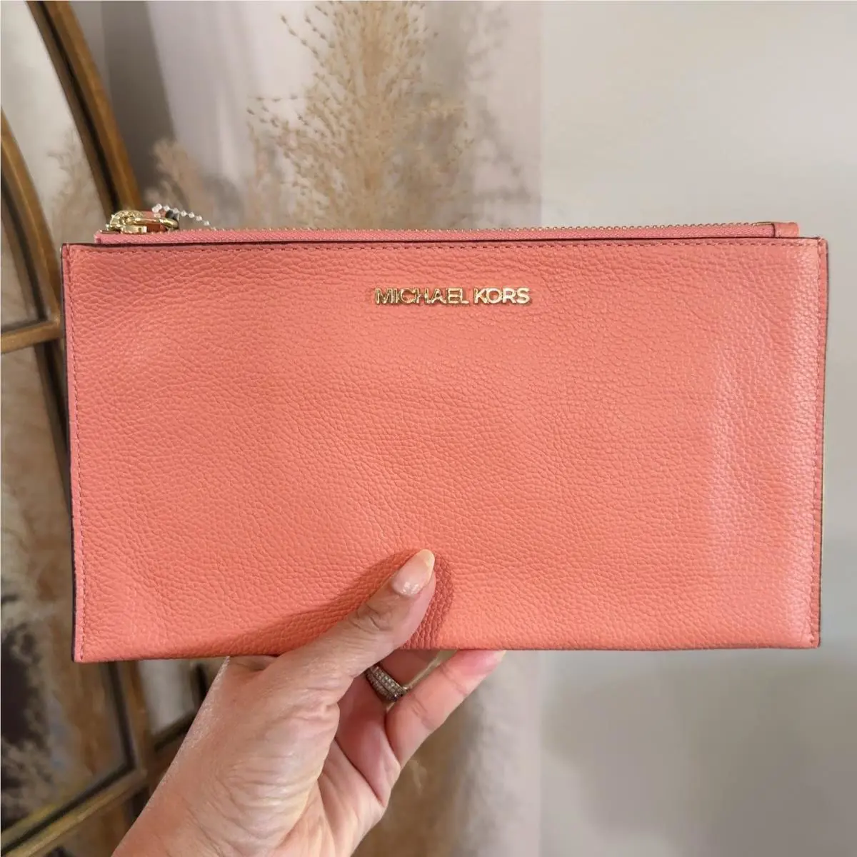 Michael Kors Peach Leather Large Zip Clutch Wristlet