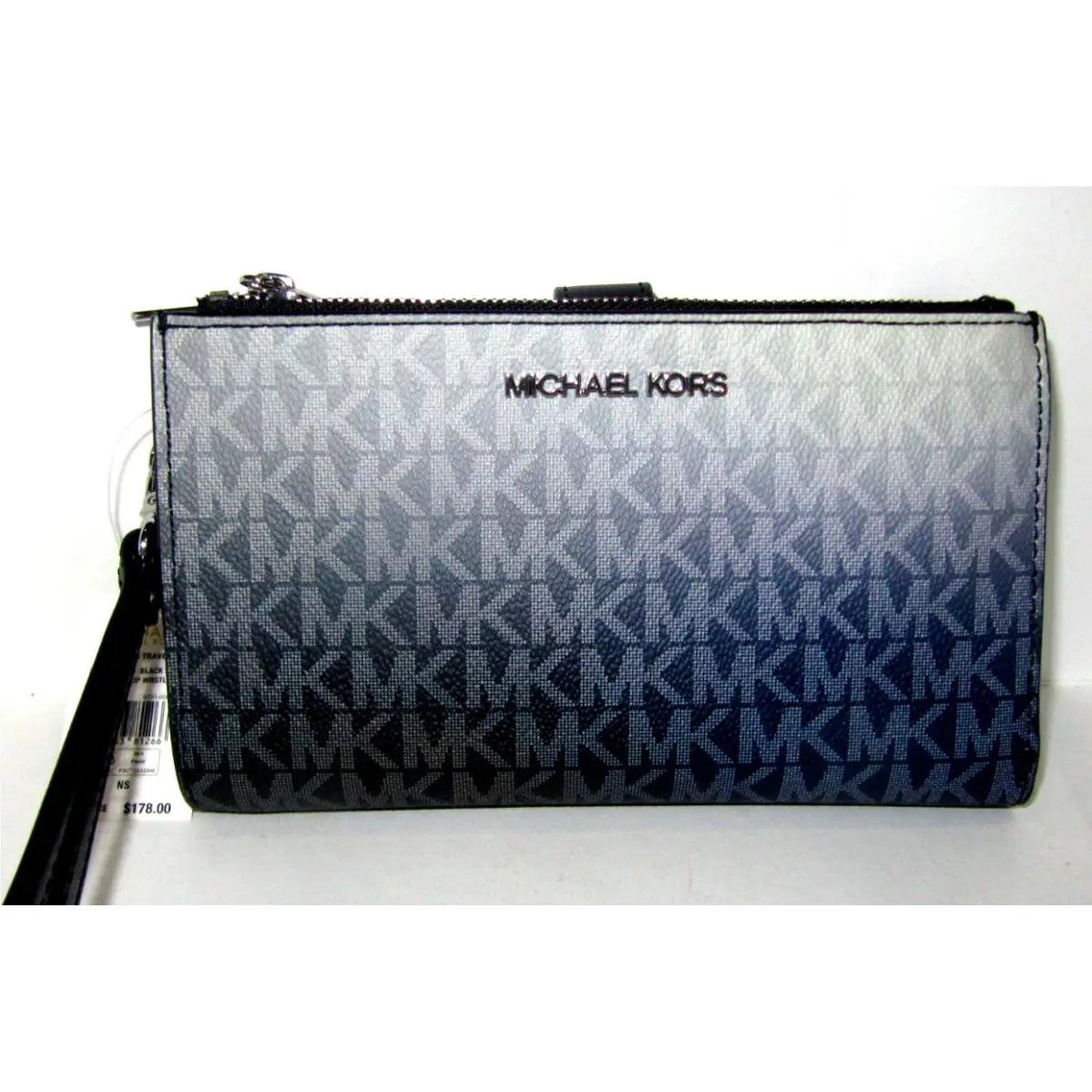 Michael Kors Jet Set Double Zip Wristlet Wallet Black Ombre Logo Phone NWT$178