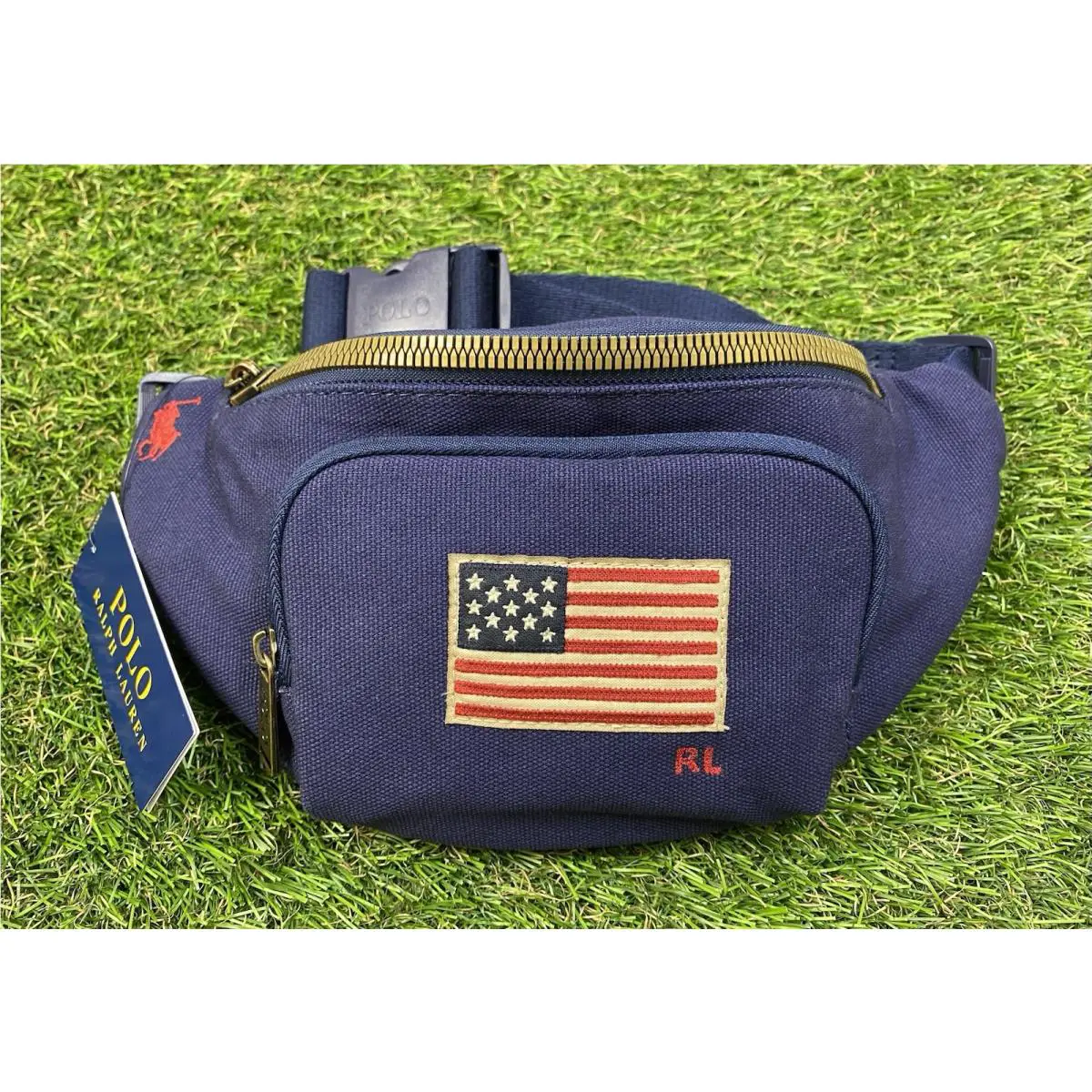 Polo Ralph Lauren Embroidered Usa Flag Blue Canvas Waist Hip Fanny Pack
