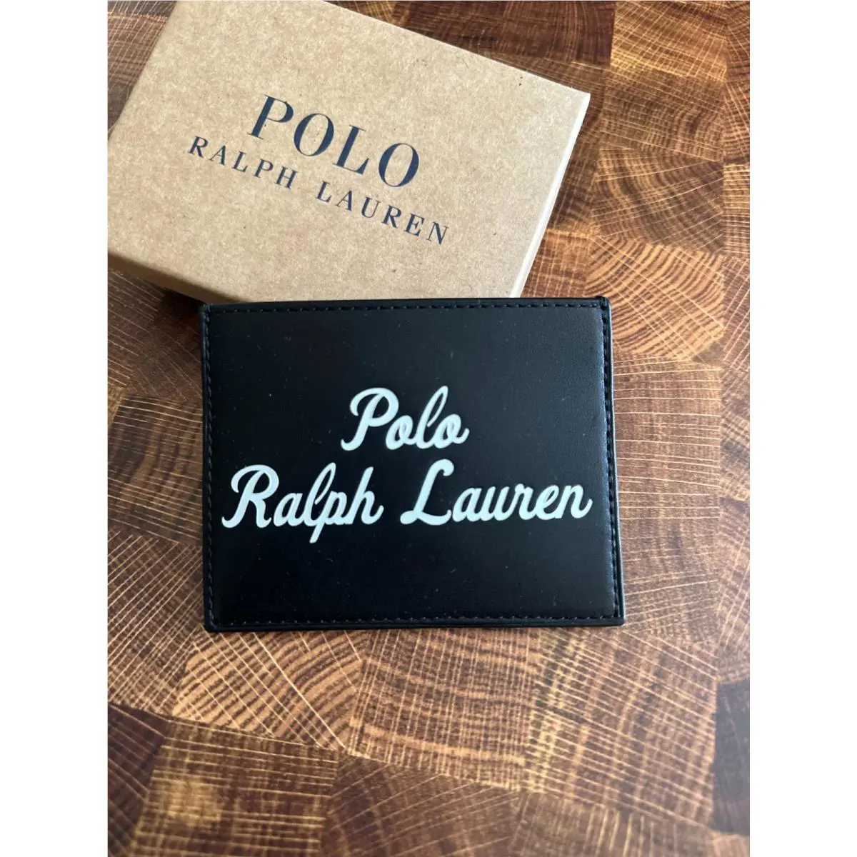 Polo Ralph Lauren Debossed White Lettering Leather Card Case Wallet Black