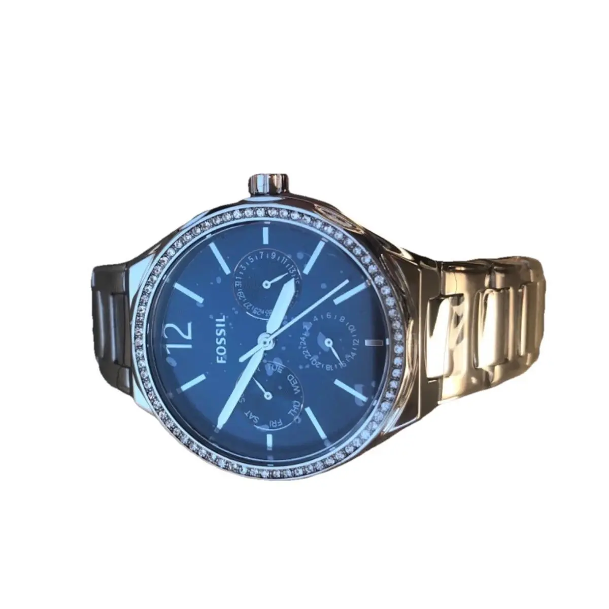 Fossil Multi Function Silver Tone Stainless Steel Blue Dial Watch BQ3720 36mm