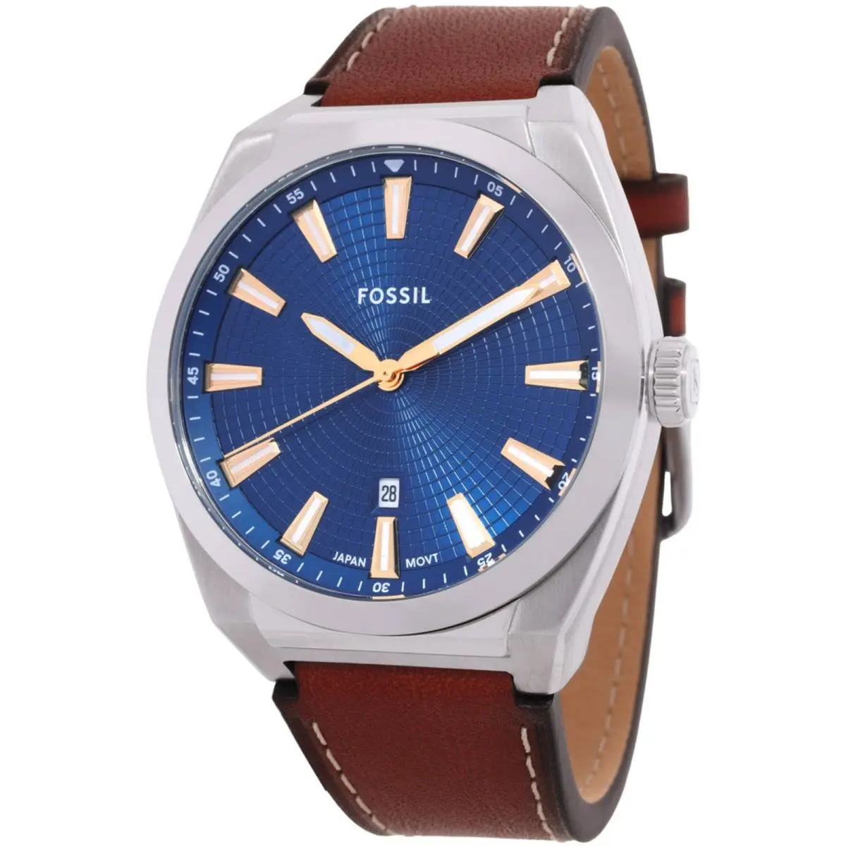Men`s Watch Everett Quartz Blue Dial Brown Leather Strap Date FS6115 by Fossil