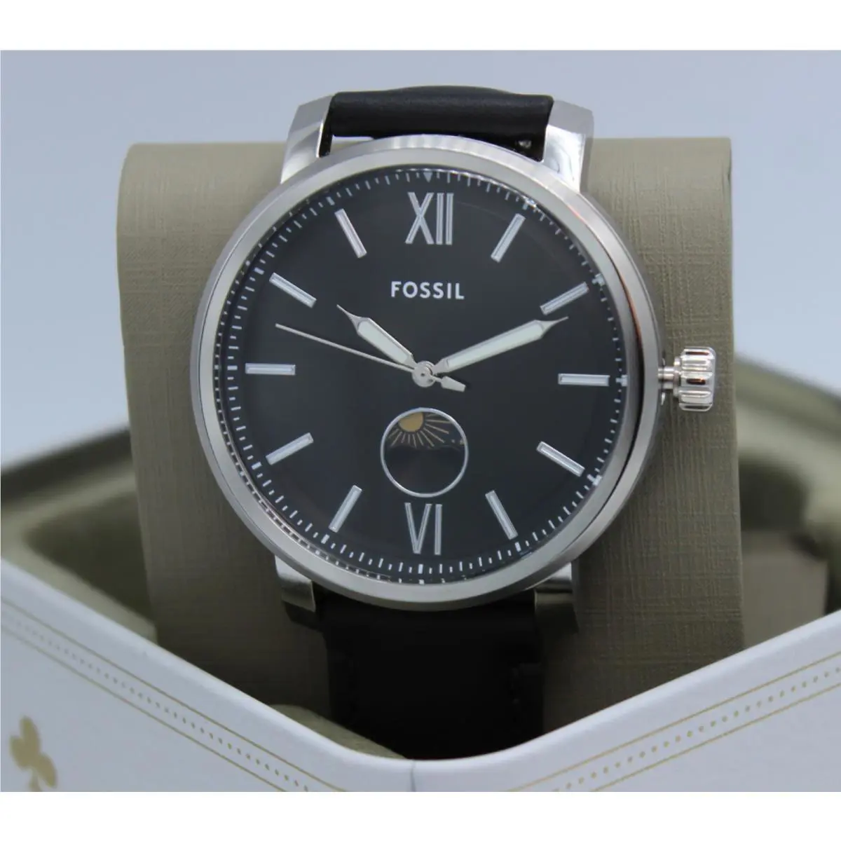 Fossil Rhett Silver Black Leather Men`s BQ2906 Watch