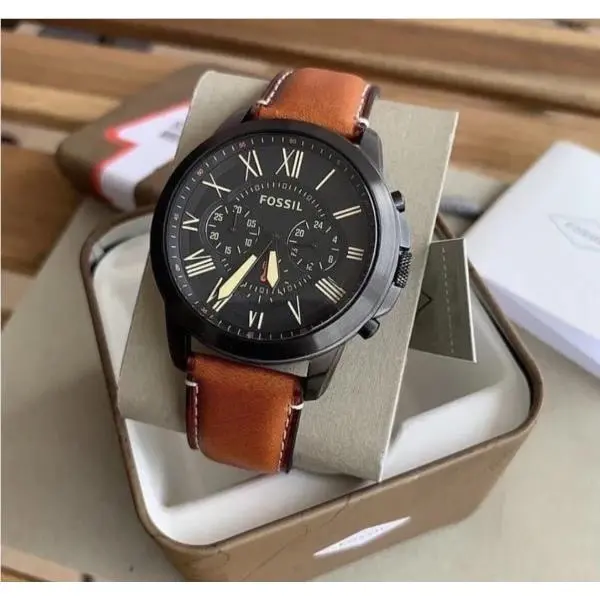 Fossil Grant Chronograph Black Dial Brown Leather Strap Watch For Men FS5241