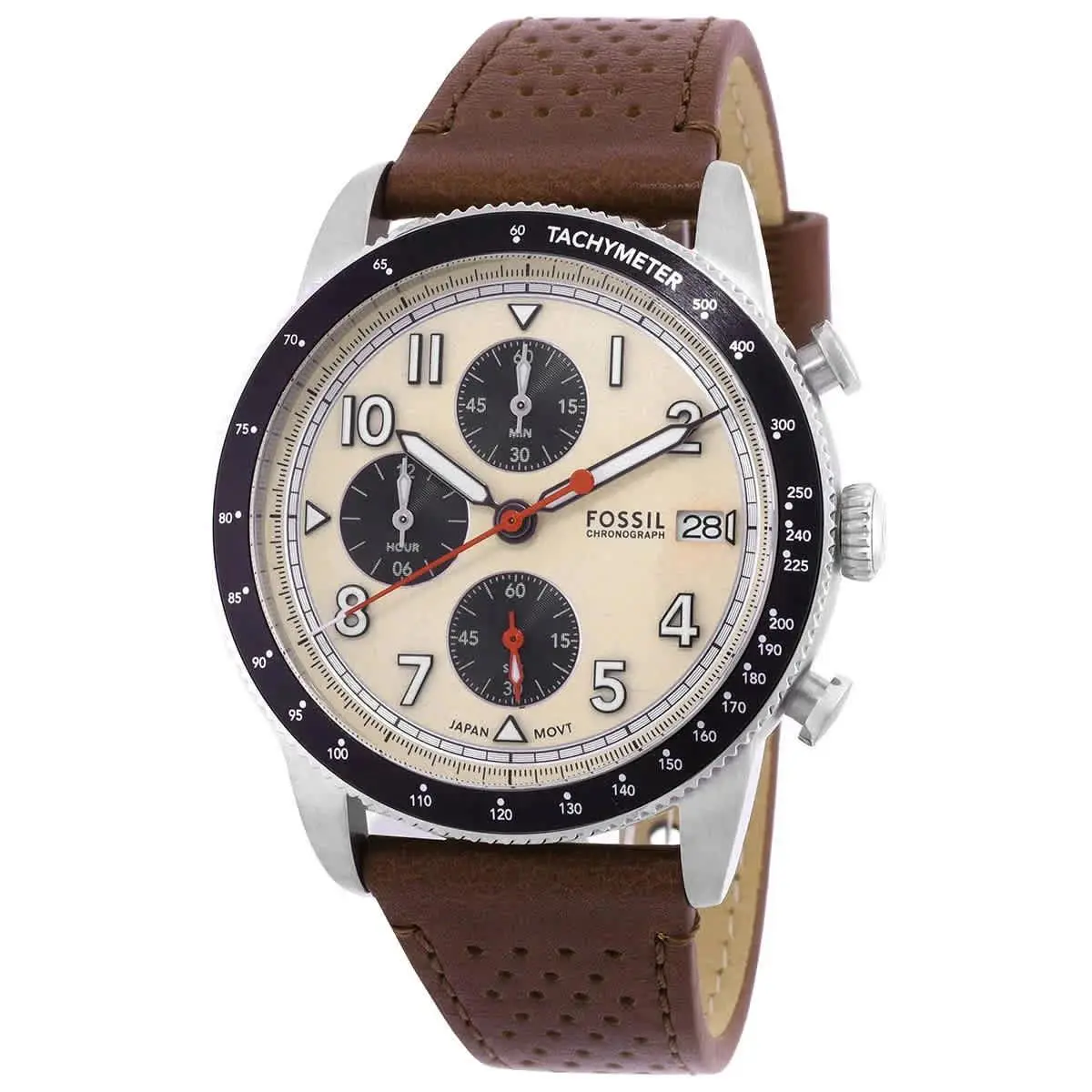 Fossil Sport Tourer Chronograph Quartz White Dial Men`s Watch FS6042 - Dial: White, Band: Brown, Bezel: Silver-tone