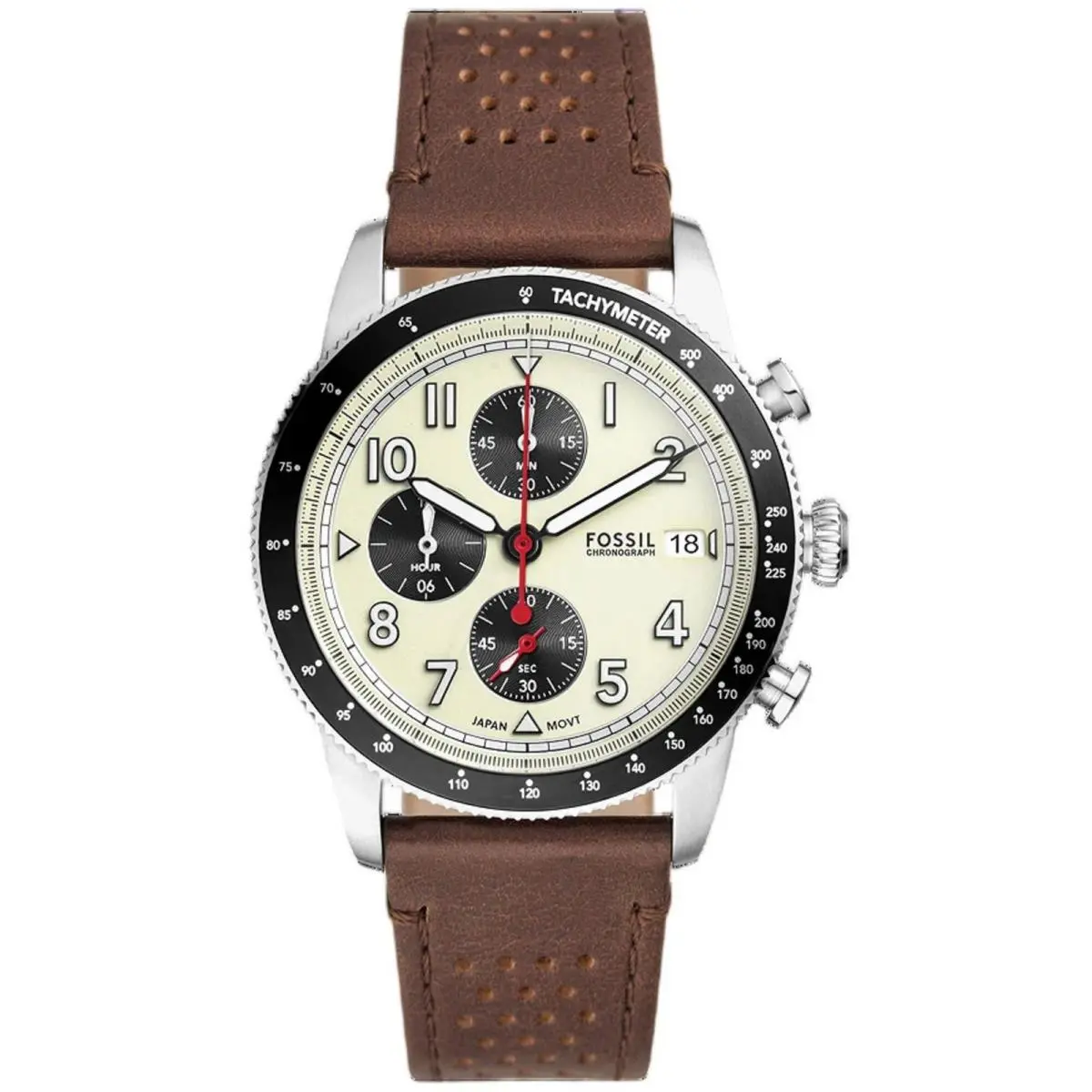 Fossil Men`s Watch Sport Tourer Chrono Cream Dial Brown Leather Strap FS6042 - Dial: Cream, Band: Brown