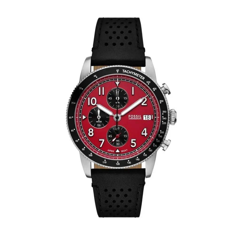 Fossil Men`s Sport Tourer Quartz Stainless Steel Big Black Leather/silver/red - black leather/silver/red