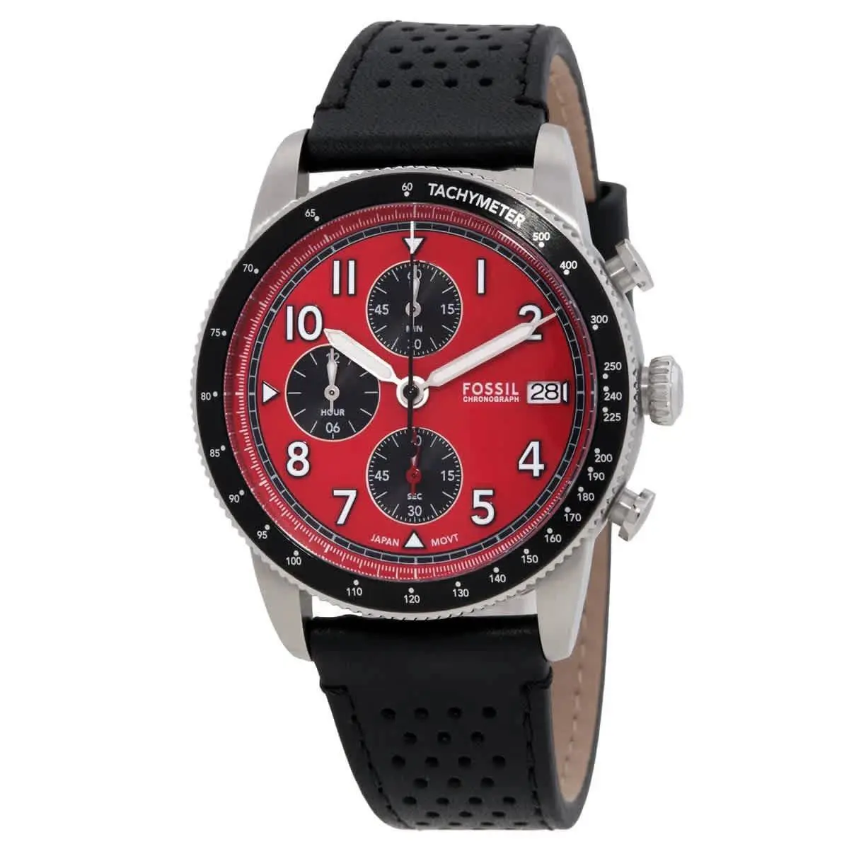FS6086 Men`s Sport Tourer Black Leather Band Red Dial Chronograph Watch by Fossil