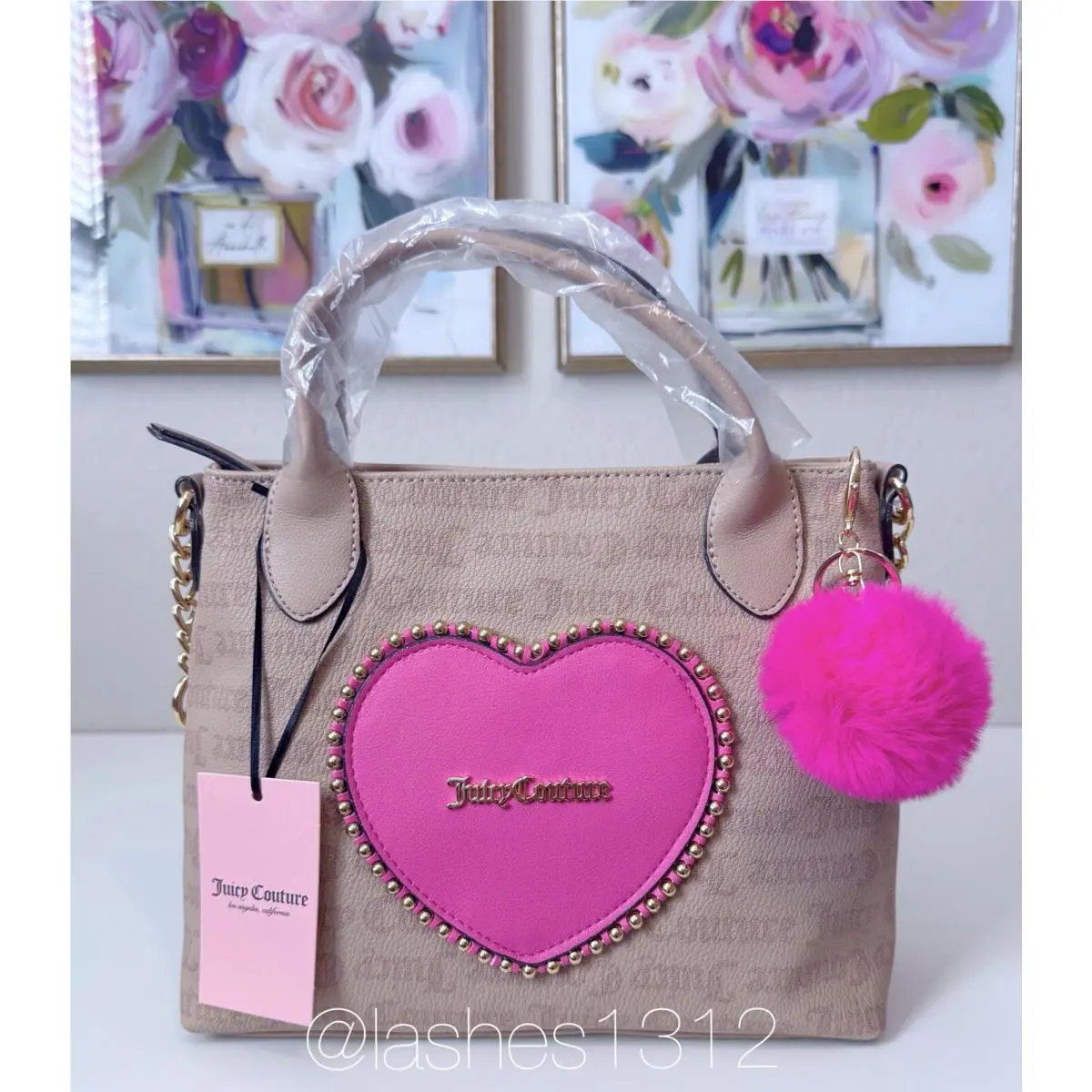 Juicy Couture Bag Love Never Dies Crossbody Tote - Beige Pink Heart