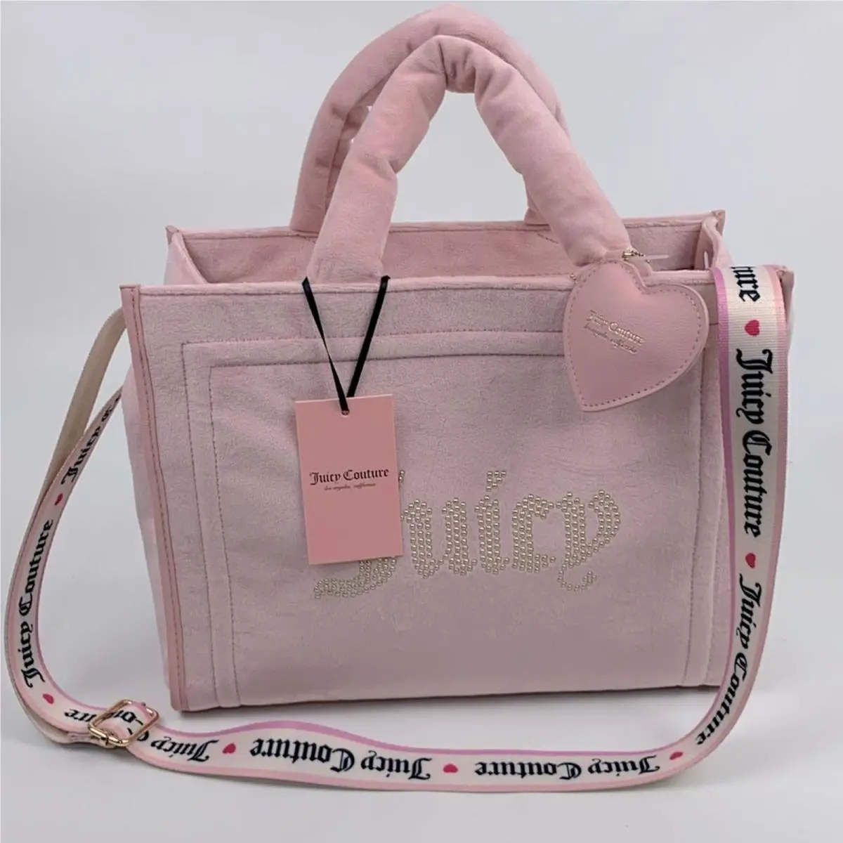 Juicy Couture Blush Pink Diamond Extra Spender Tote Heart Charm Cross Strap