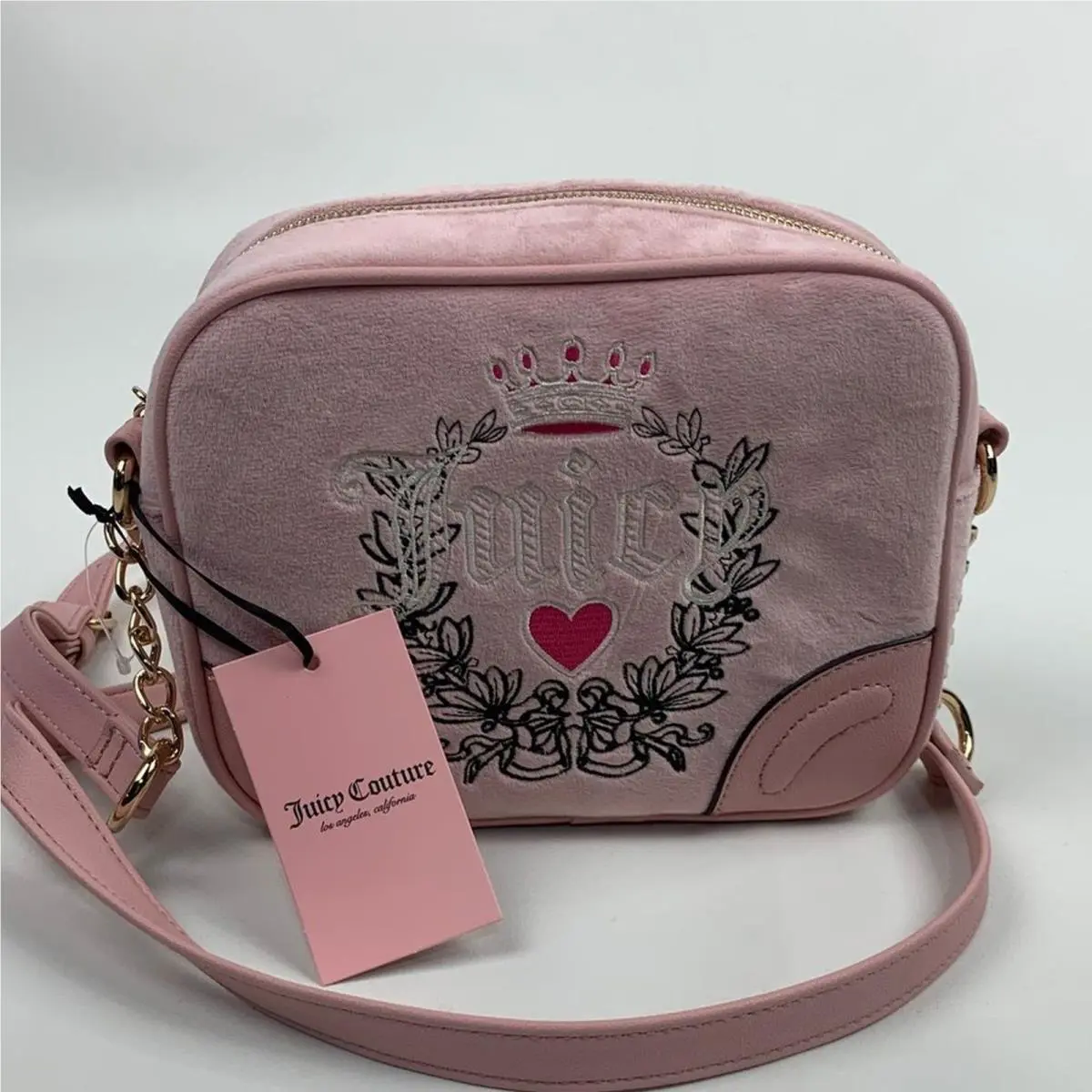 Juicy Couture Blush Pink Diamond Heritage Embroidered Crossbody Bag Gold Zip