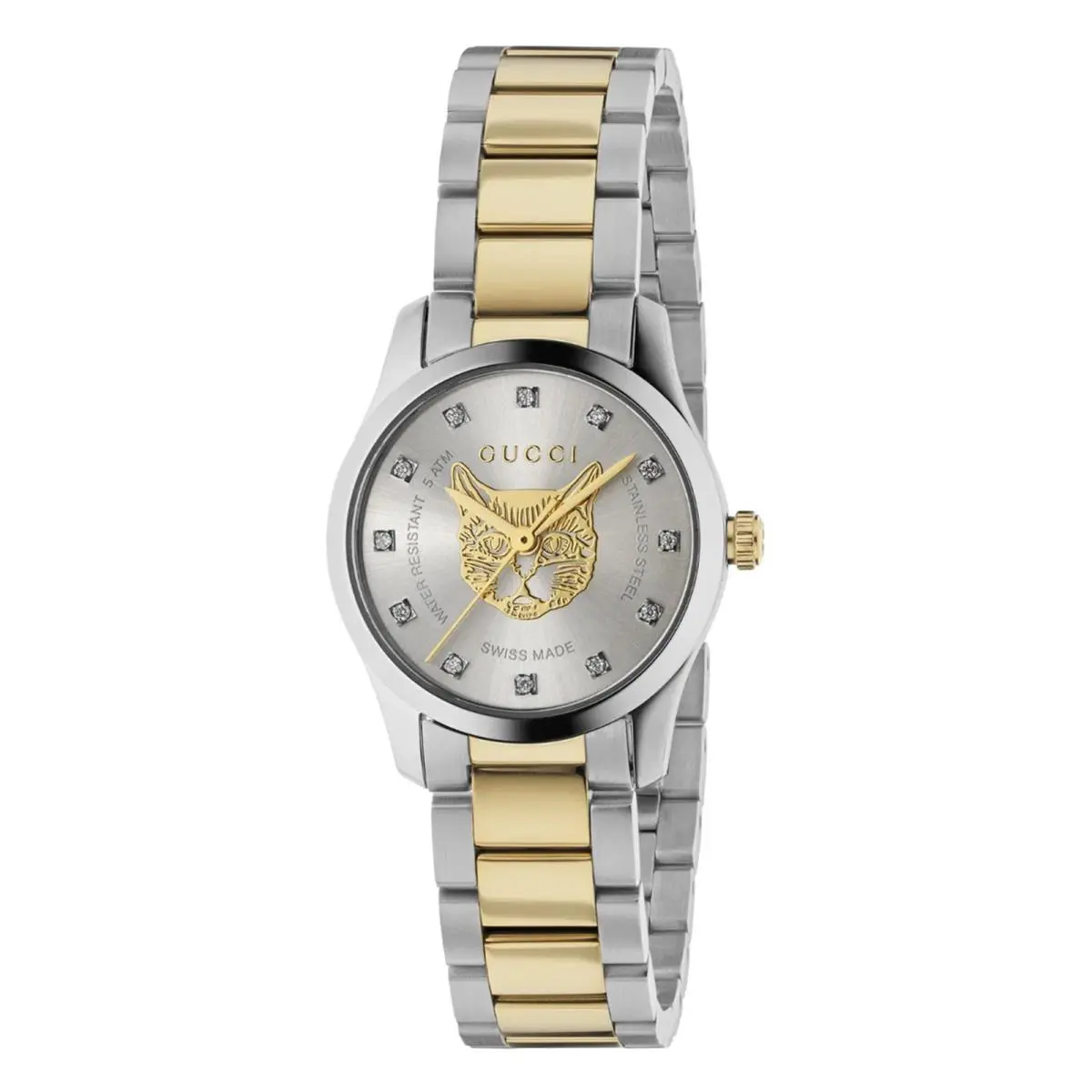 Gucci G-timeless YA1265016 27 mm Silver Gold Cat Diamond Dial Ladies Watch Swiss