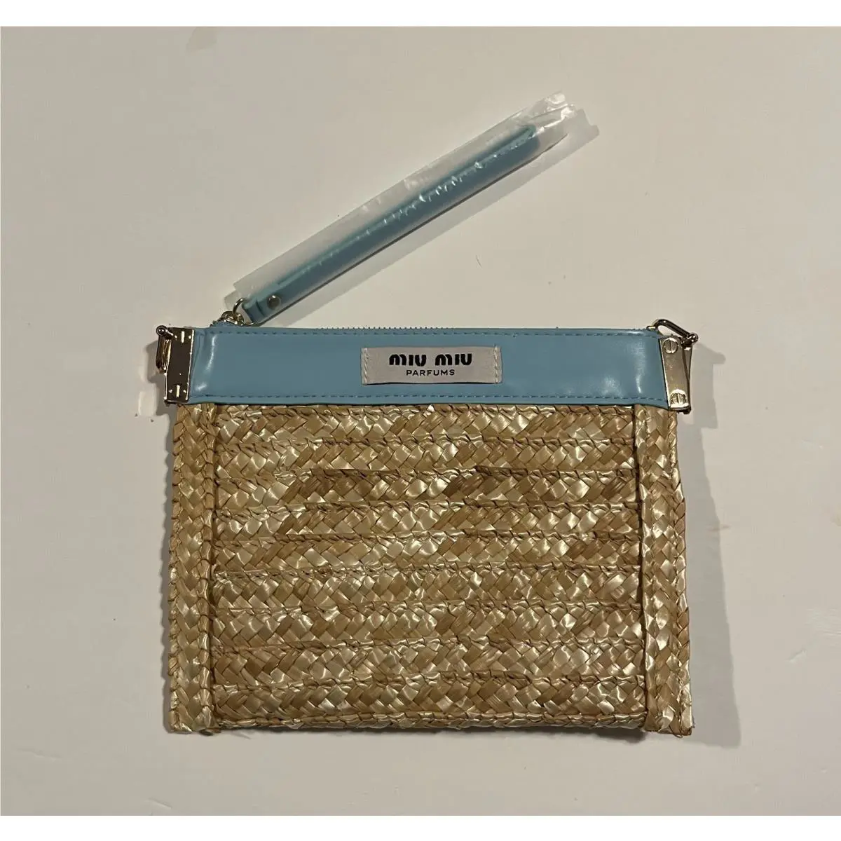 Miu Miu Parfums Zippy Pouch Clutch w/ Wristlet Woven Straw Blue Novelty Gwp