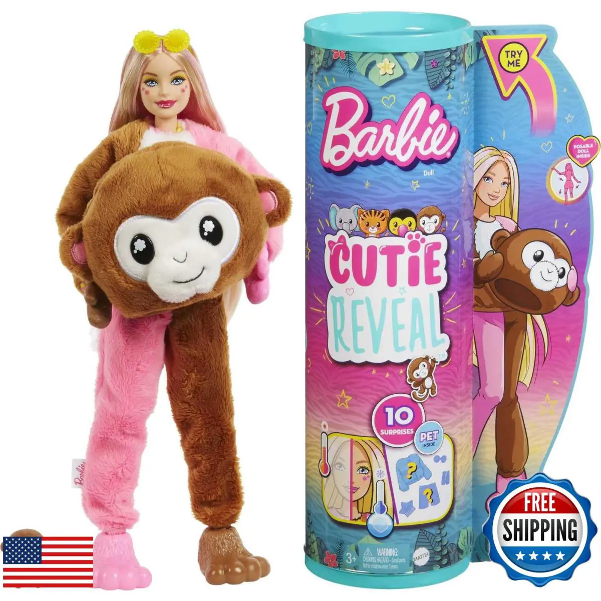 Barbie Cutie Reveal Fashion Doll Jungle Series Monkey Plush Costume 10 Surp