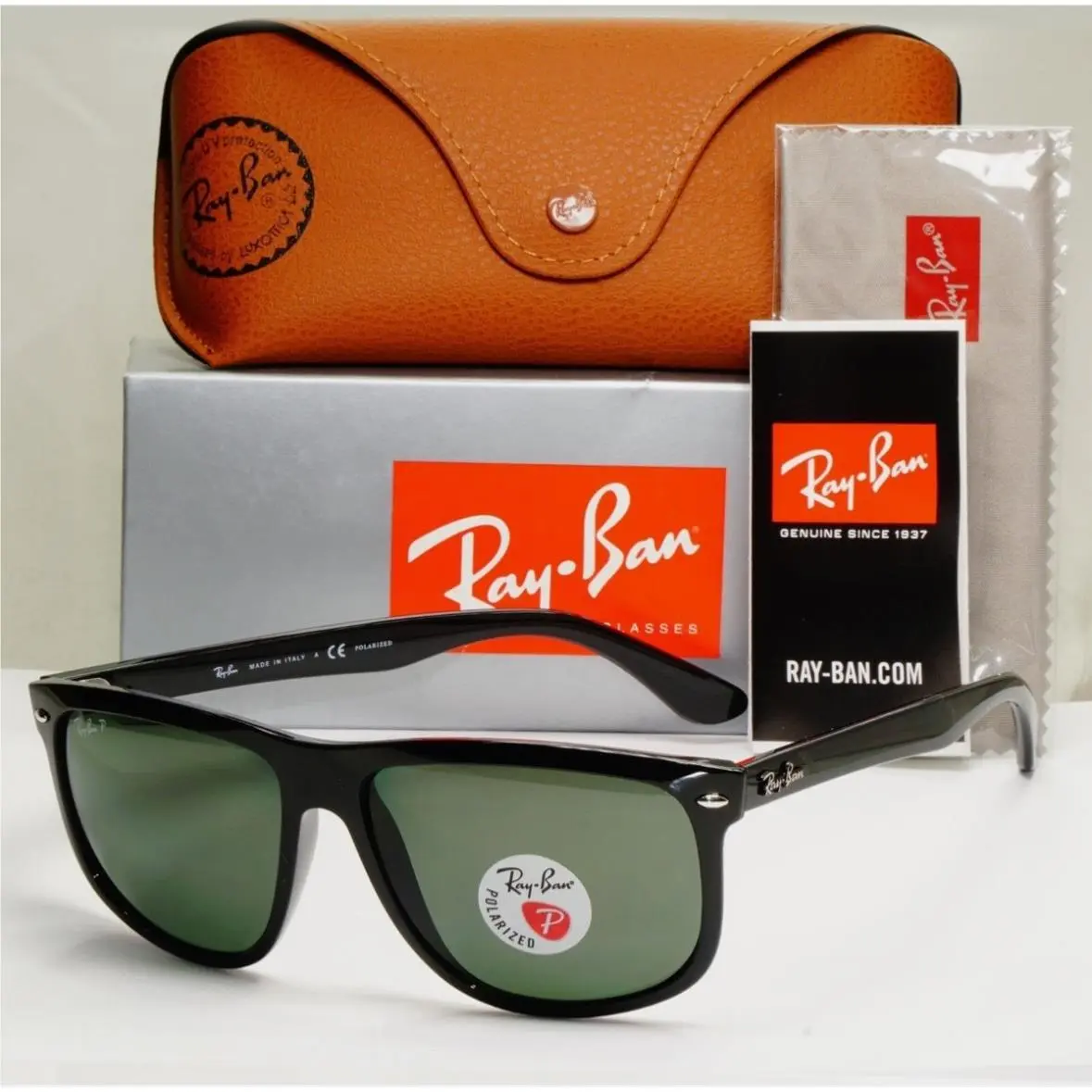 Ray-ban Boyfriend Polished Black Green G-15 Polarized 60 mm Sunglasses RB4147