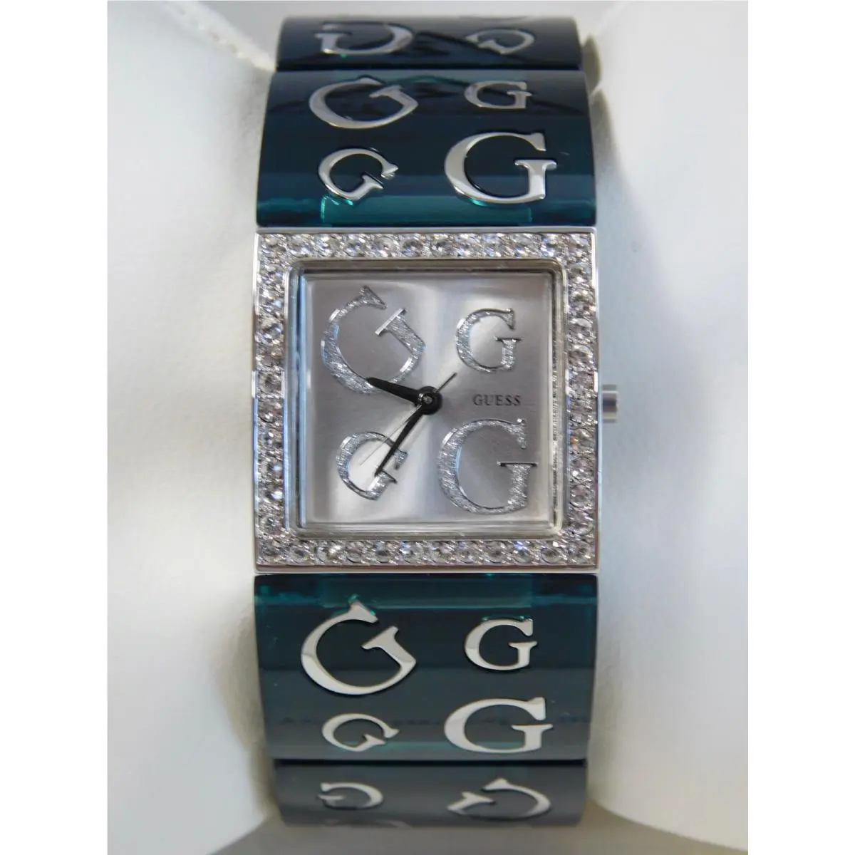 1990s Women`s Guess Wrist Watch Emerald Green Silver Tone Diamonds