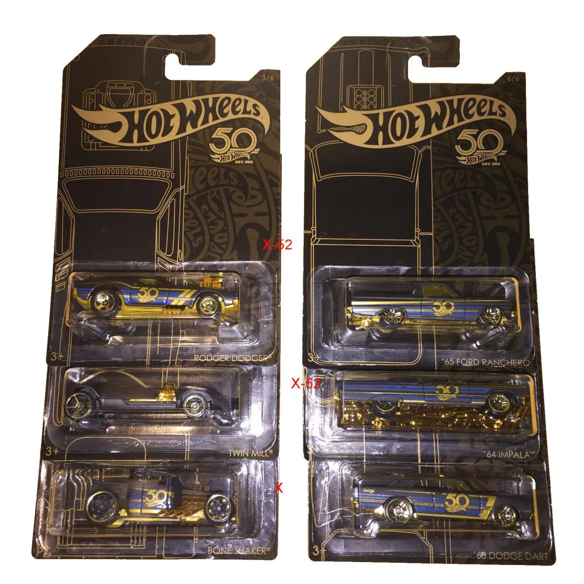 Hot Wheels 50th Anniversary Black Gold Series Set of 6 Cars Toy Twin Mill