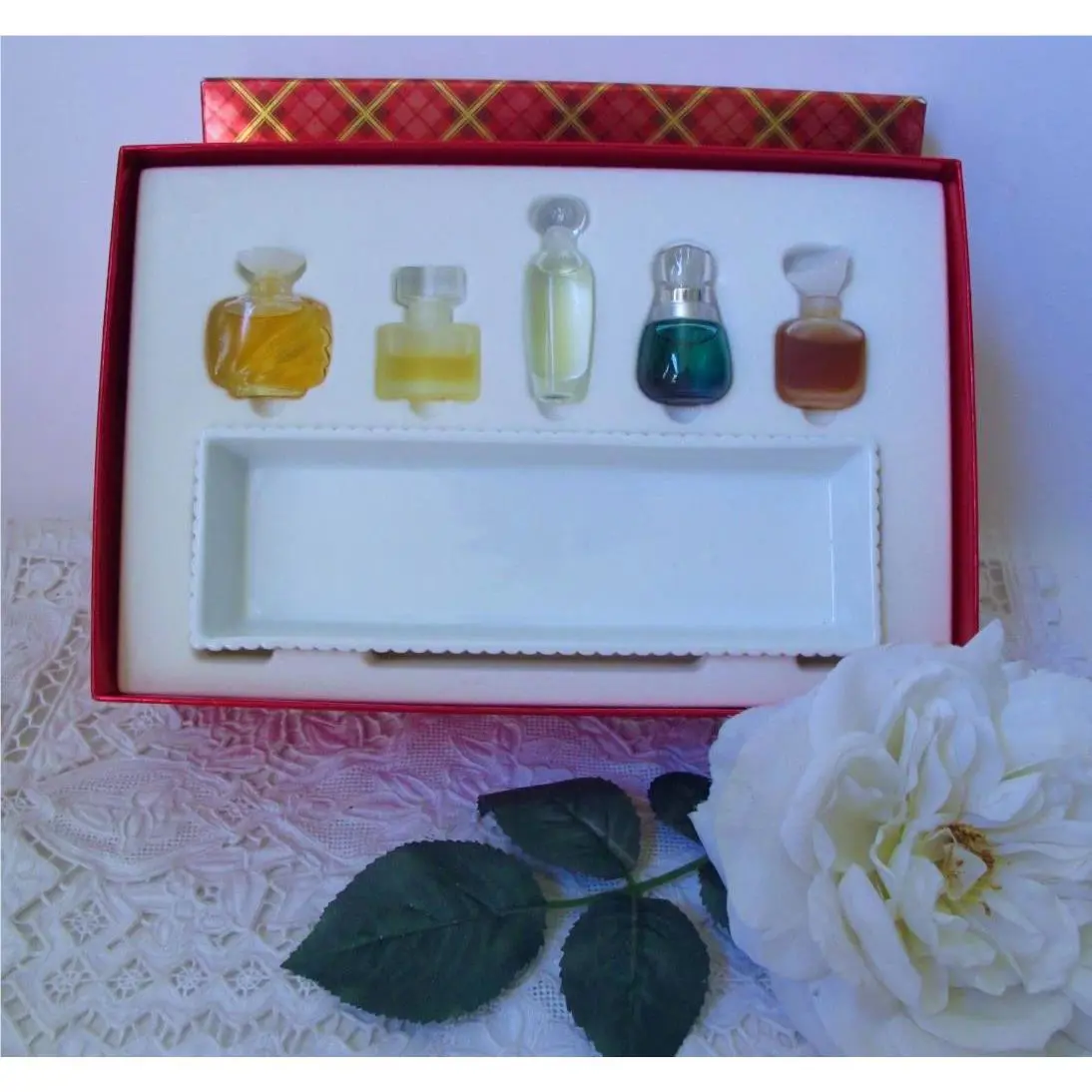 Vintage Estee Lauder Small Wonders 5 Crystal Eau de Parfums Porcelain Tray