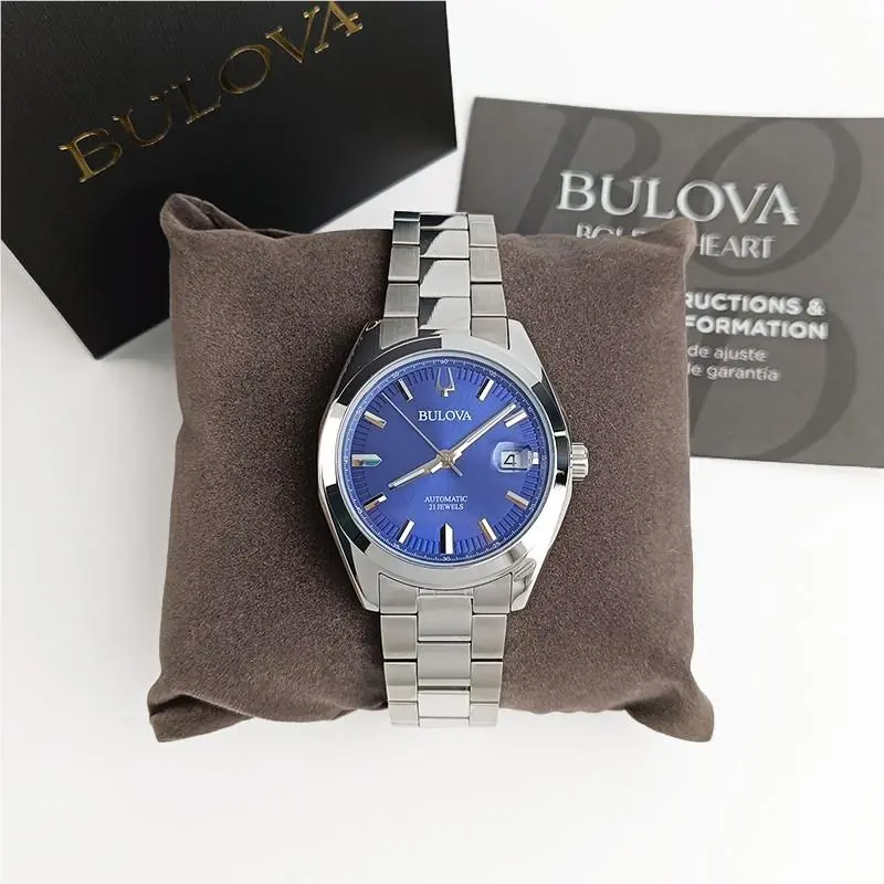 Bulova Men`s Surveyor Blue Dial Steel Automatic Watch 96B436 39MM - Dial: Blue, Band: Silver, Bezel: Silver