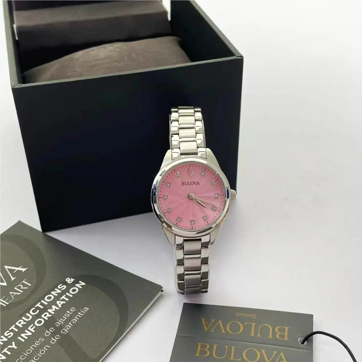 Sutton Women`s Quartz Watch Pink Dial Stainless Steel 96P249 28mm by Bulova