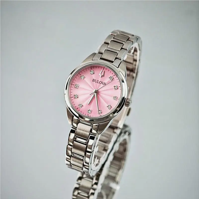 Bulova Sutton 96P249 Pink Classic Diamond Quartz Women`s Watch - Dial: Pink, Band: Silver, Bezel: Silver