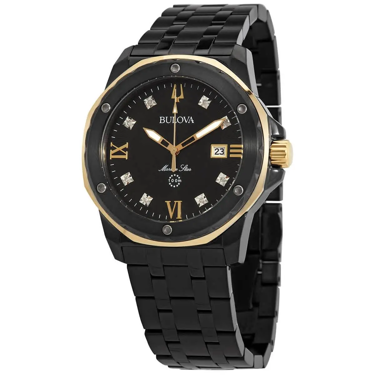 Bulova Marine Star Quartz Diamond Black Dial Men`s Watch 98D176 - Dial: Black, Band: Black Ion-plated, Bezel: Black Ion-plated