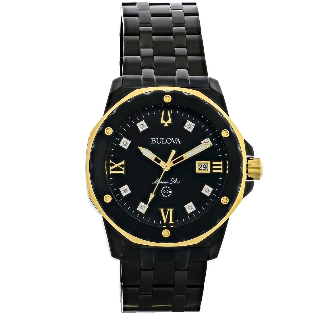 Bulova Marine Star Diamond Black Ion Pvd Men`s Quartz Watch 98D176 - Face: Black, Dial: Black, Band: Black