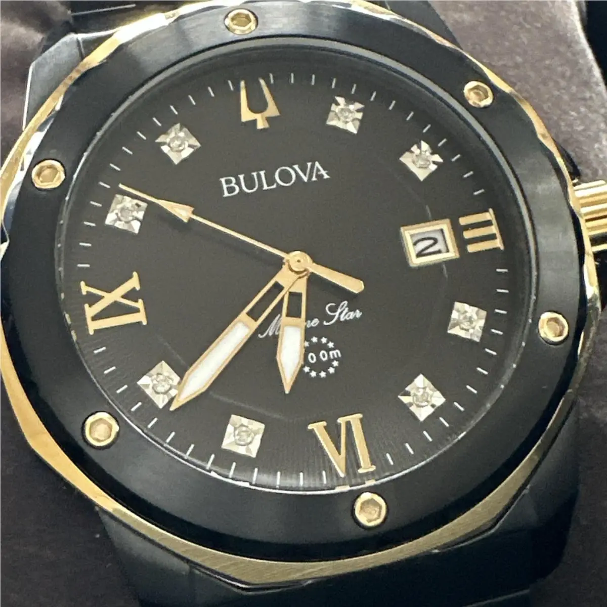 Bulova Marine Star Quartz Diamond Black Dial Men`s Watch 98D176 - Dial: Black, Band: Black Ion-plated, Bezel: Black Ion-plated