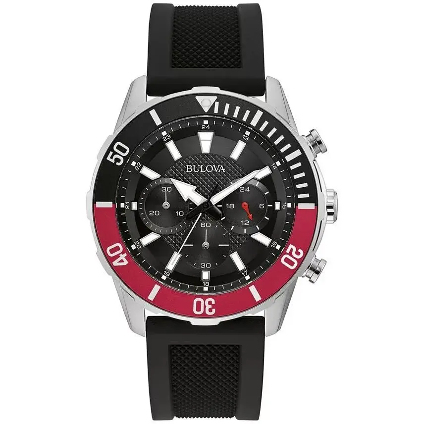Bulova Men`s Classic Black Dial Watch - 98A258 - Dial: Black, Band: Black, Bezel: Red, Black