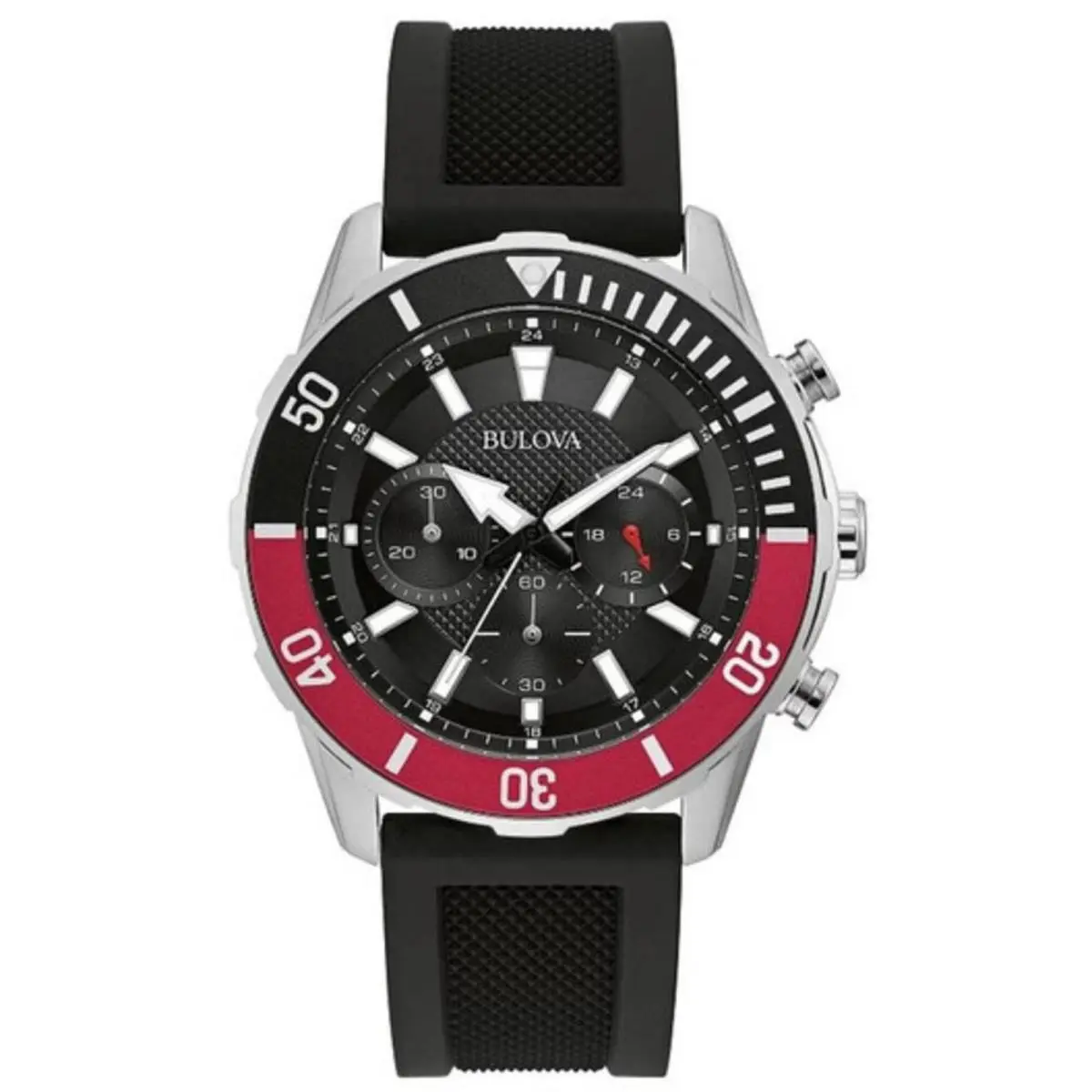 Men`s Watch Quartz Chronograph Black Dial Silicone Rubber Strap 98A258 by Bulova
