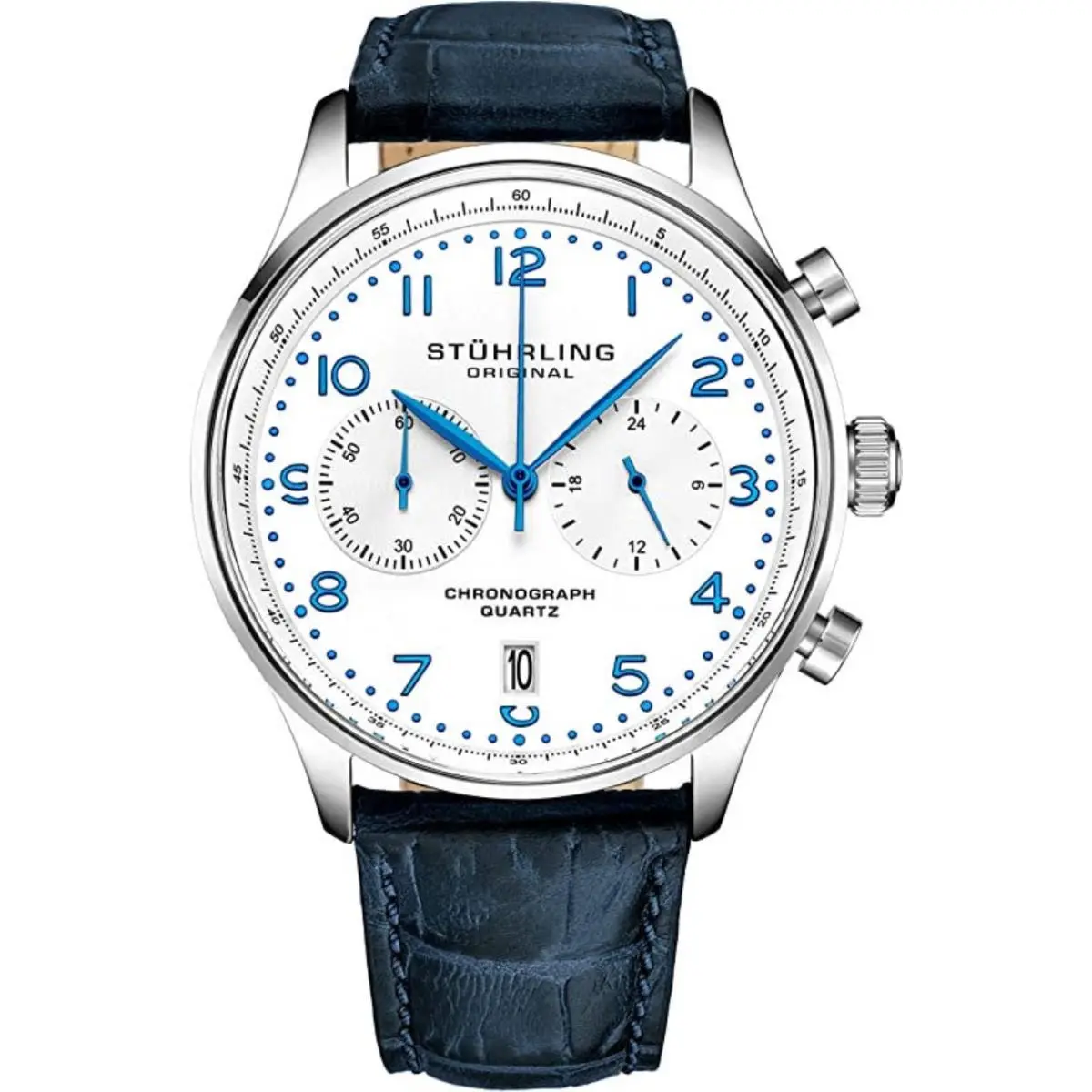 Stuhrling 4012 1 Quartz Chronograph Date Blue Leather Mens Watch