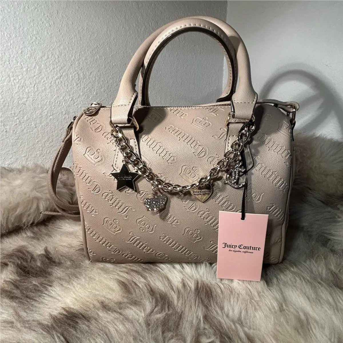 Juicy Couture Not Your Babe Satchel - Embossed Cafe Tan - Cute Charms